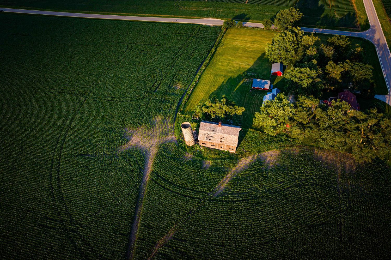 Aerial top-down view of a farm with grain silos, red barn, and green crop fields intersected by a dirt path.