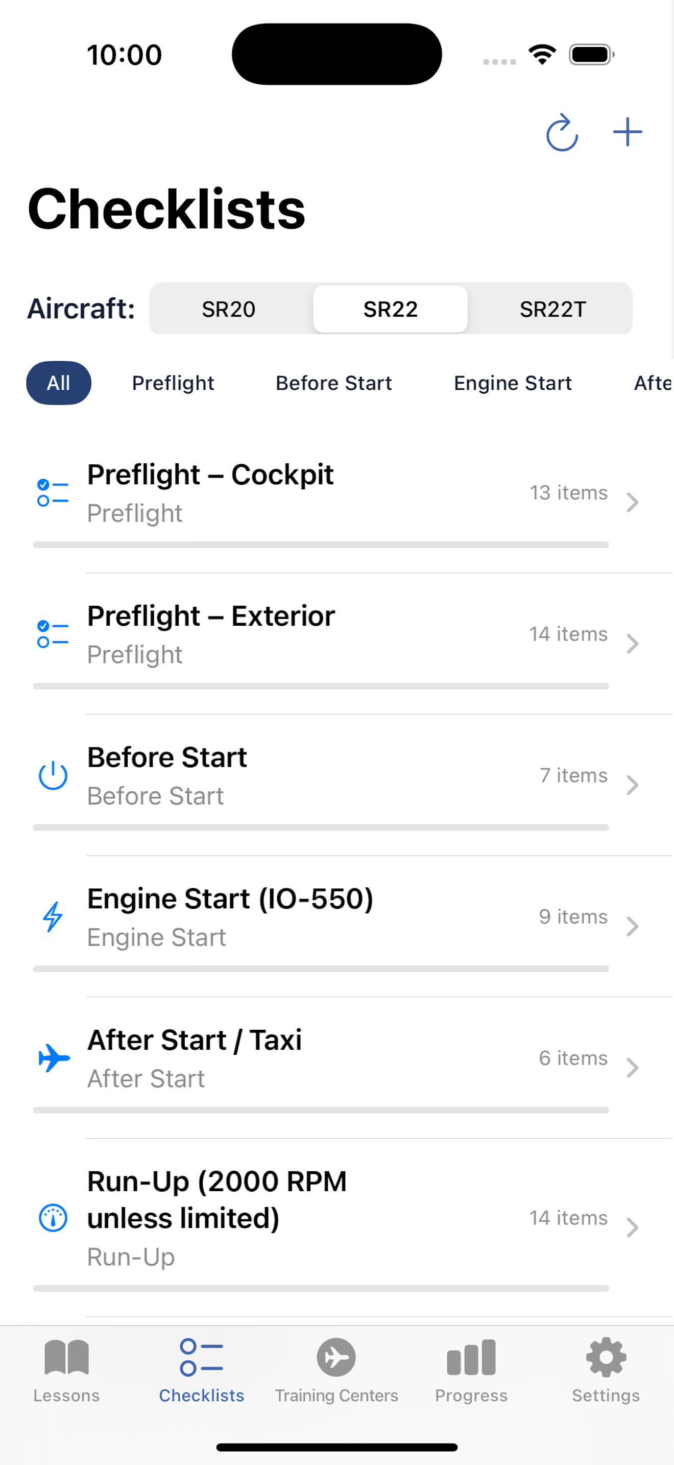 Flight checklist interface showing preflight, engine start and taxi procedures for aircraft operations.