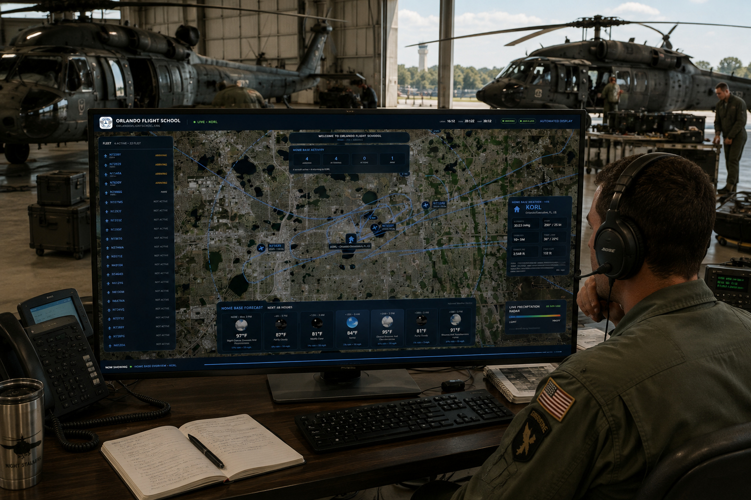 Military operator monitors tactical map software on large display screen in helicopter hangar command center.