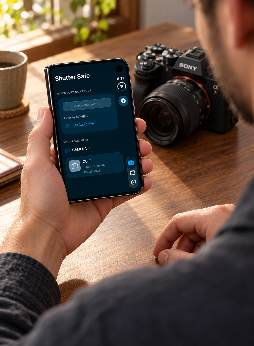 Man holds a smartphone showing the Shutter Safe inventory app beside a Sony mirrorless camera on a wooden desk.