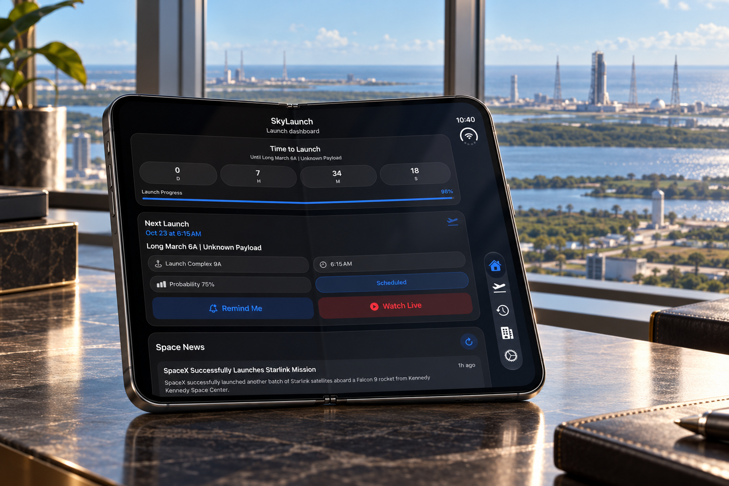 Tablet on a marble table displaying a rocket launch tracker app with countdown and space news, with a sunlit city skyline and water behind.