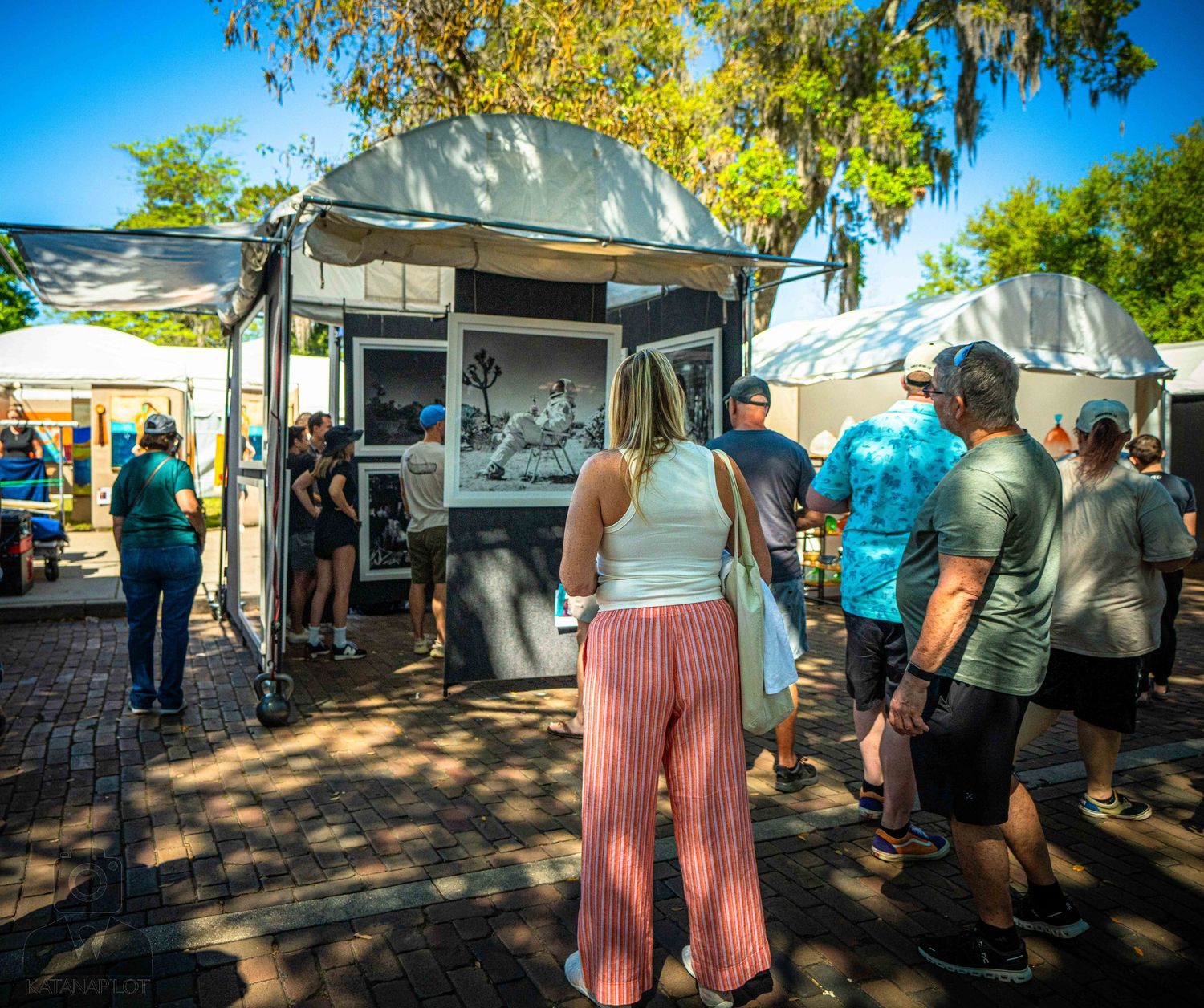 People waiting in line at a food truck under shady trees on a sunny day at an outdoor event.