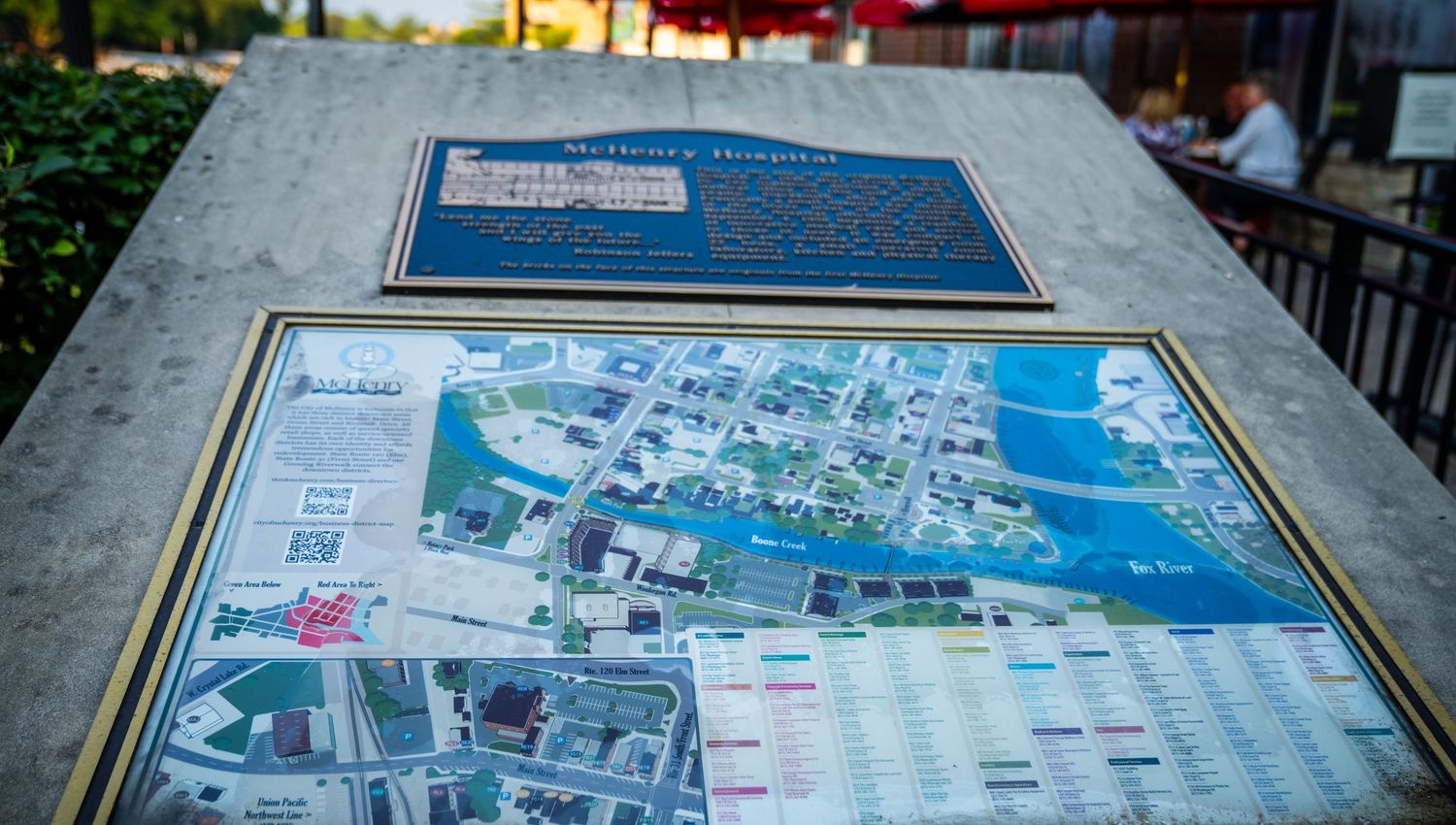 Overhead map display showing layout of McHenry Riverwalk area and attractions.