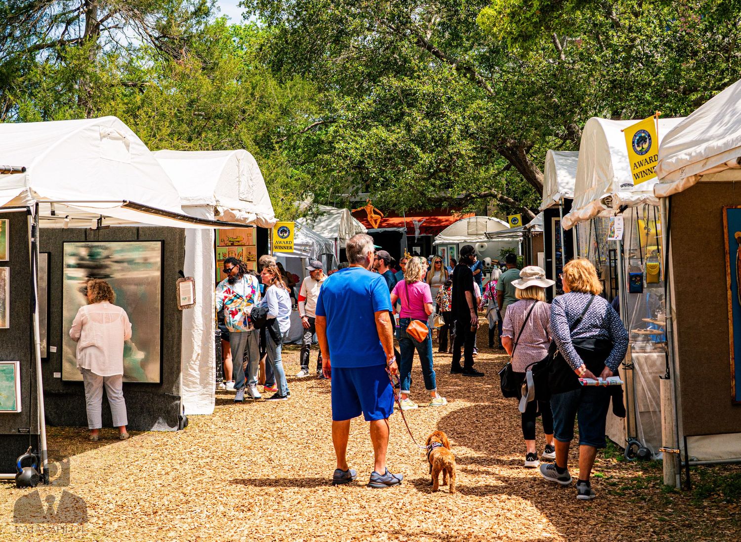 Outdoor art festival with white vendor tents along a tree-lined path.
