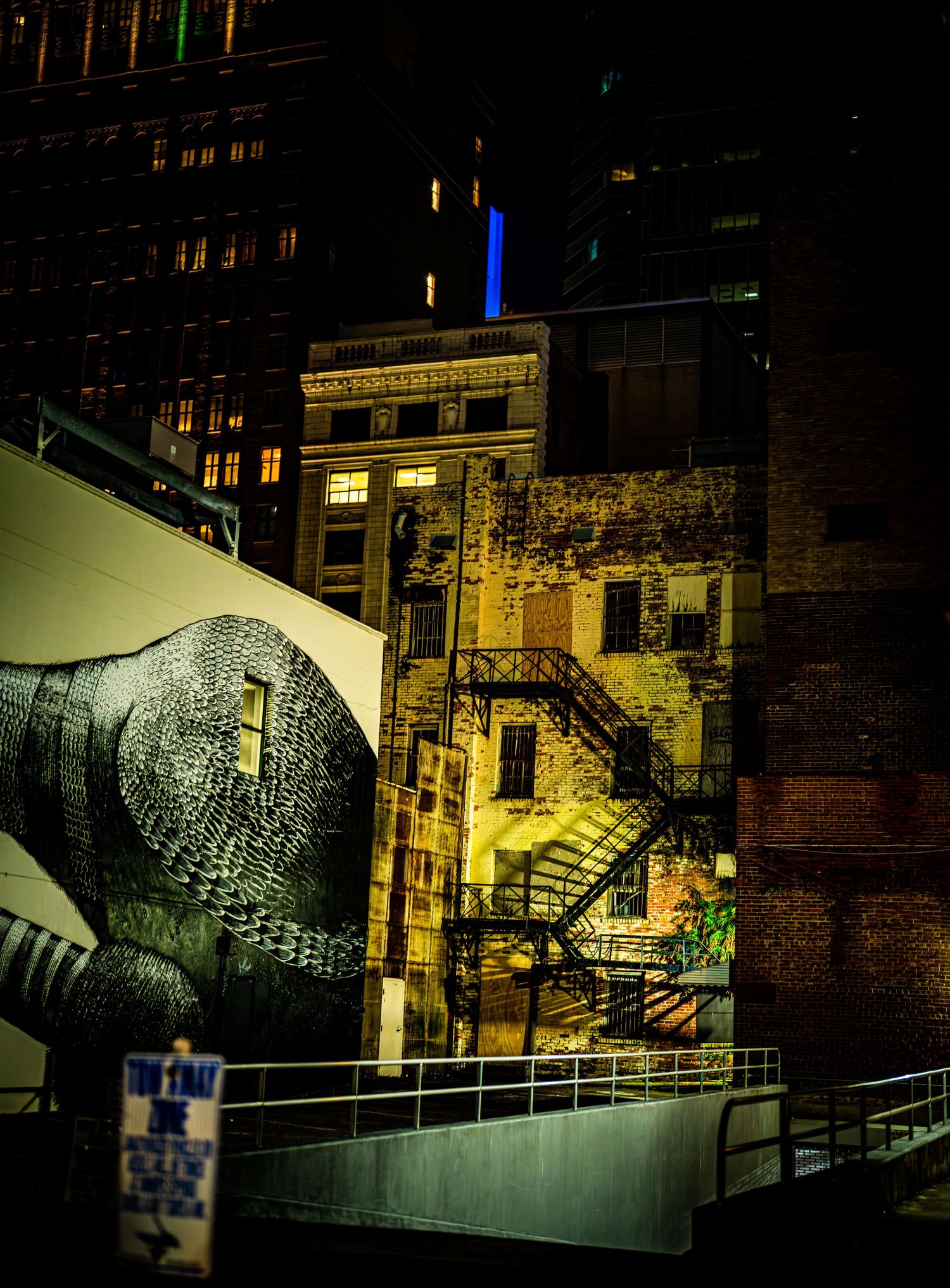 Nighttime urban scene with a large elephant mural on a brick building, fire escape stairs, and illuminated skyscrapers in the background.