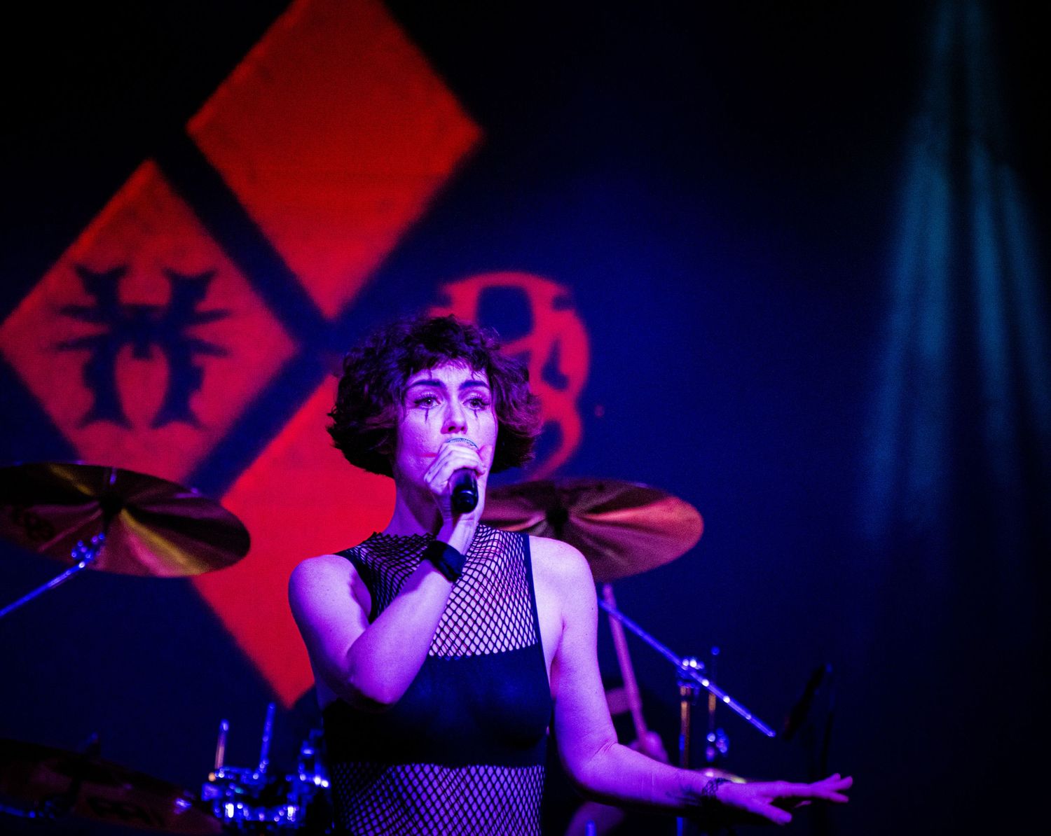 Live music performance with vibrant red and blue stage lighting.