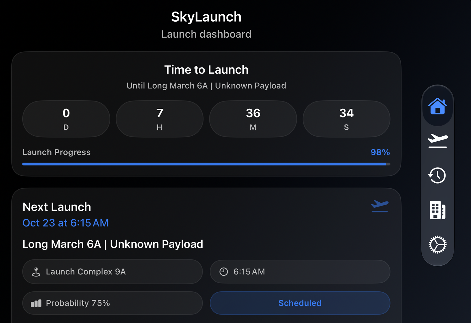 SkyLaunch dashboard showing a countdown to the Long March 6A launch, 98% launch progress, and a scheduled Oct 23 liftoff at 6:15 AM.