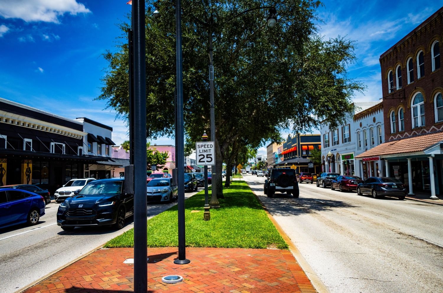 Street view of historic downtown buildings with parked cars and trees.