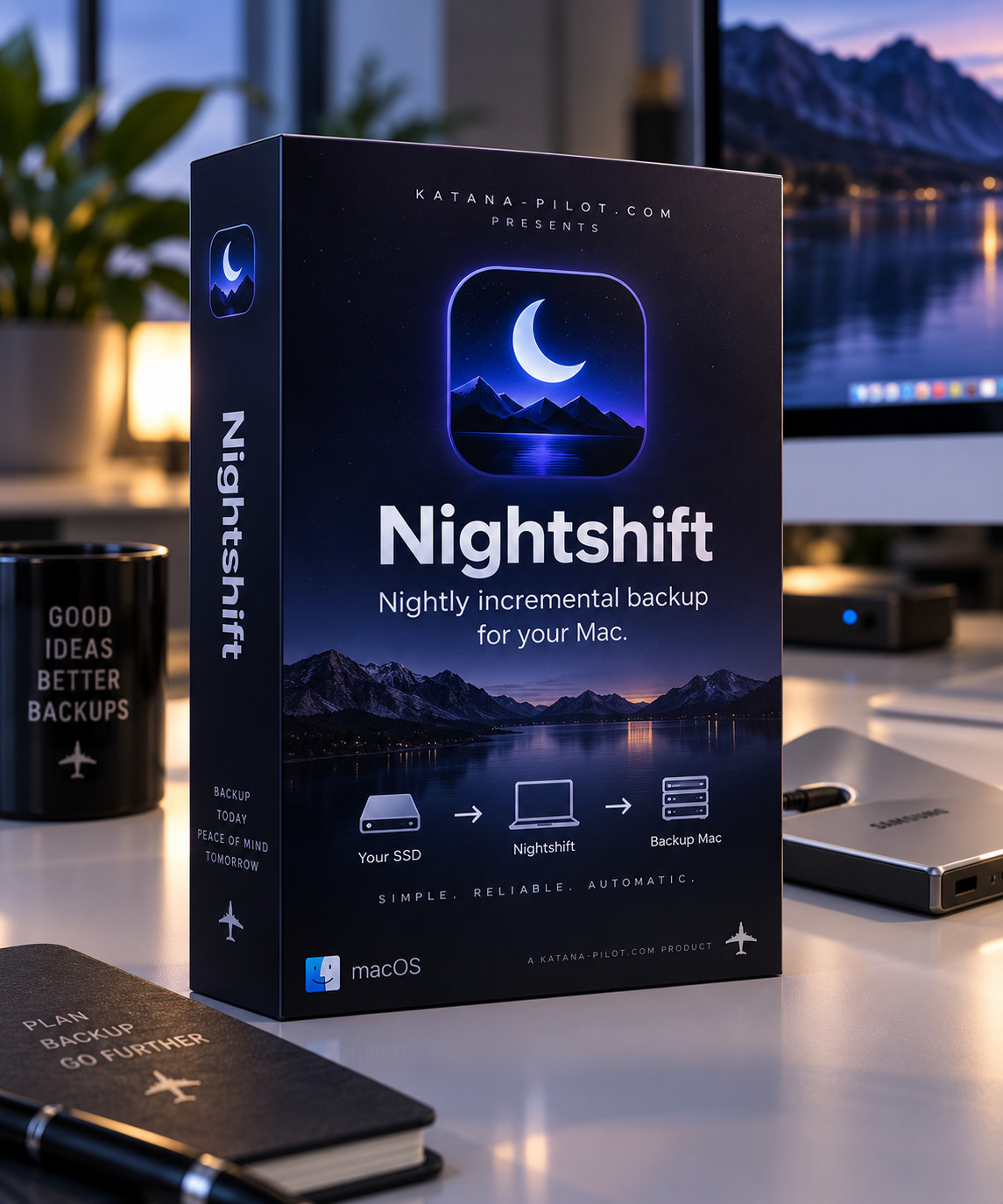 Nightshift Mac backup software box featuring a moonlit mountain lake scene, promoting nightly incremental backups for macOS.