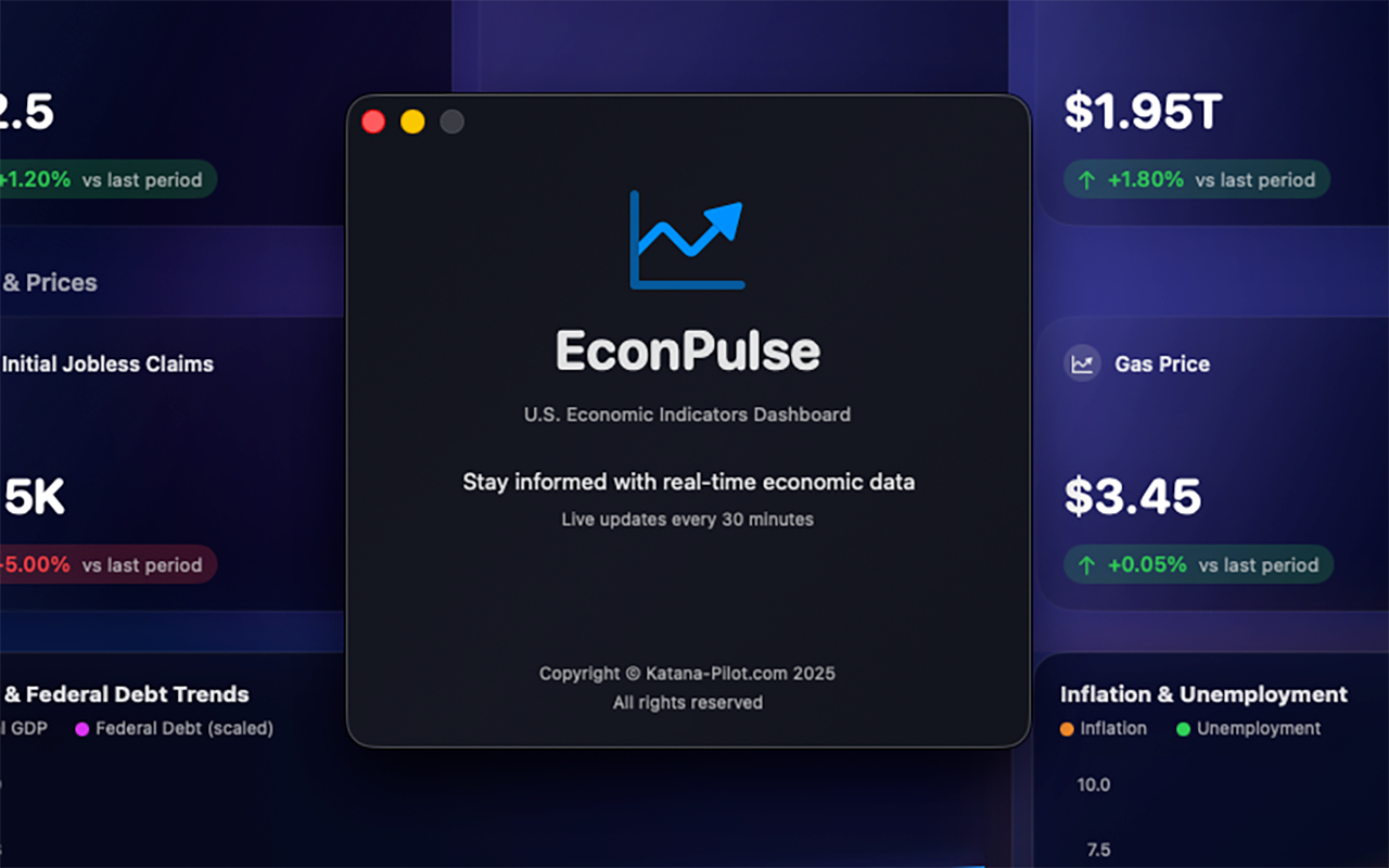 Dark interface of an economic data dashboard showing financial metrics and market trends with blue and green indicators.