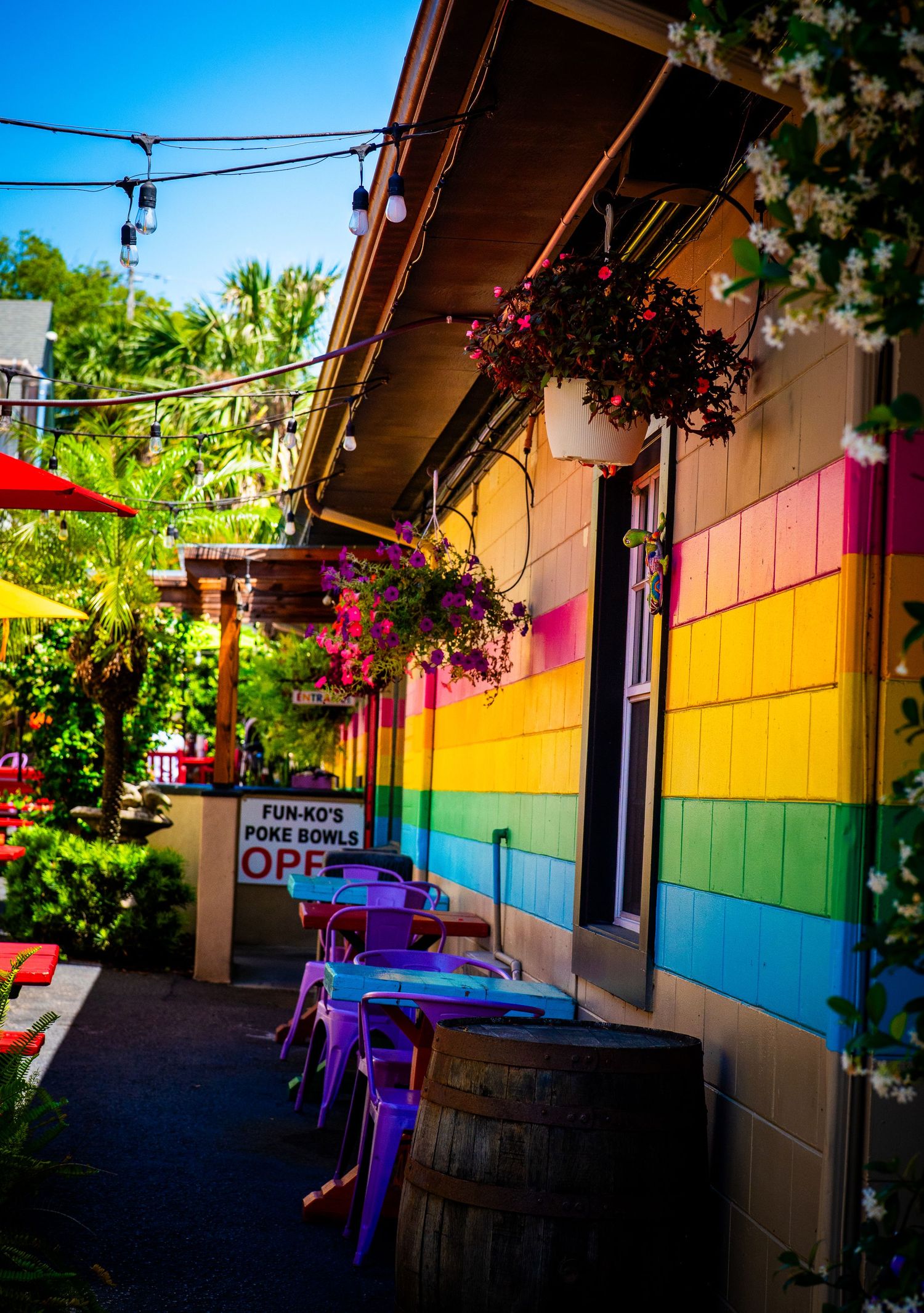 Colorful rainbow-painted building exterior with purple posts and hanging flower baskets.