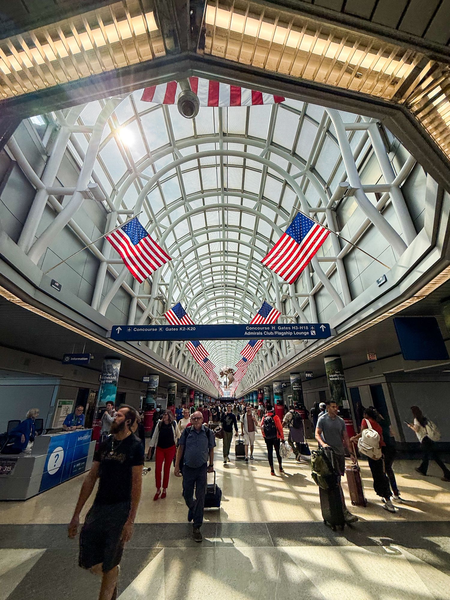 Airport terminal concourse with vaulted glass ceiling and American flags hanging overhead.