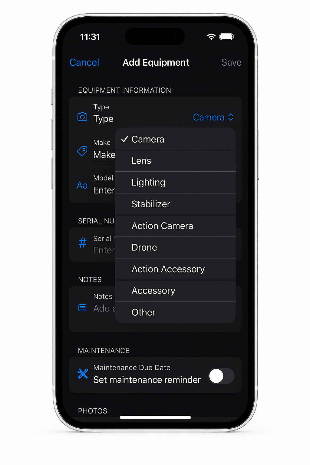 Dark mode equipment management interface for camera gear and accessories on a mobile device.
