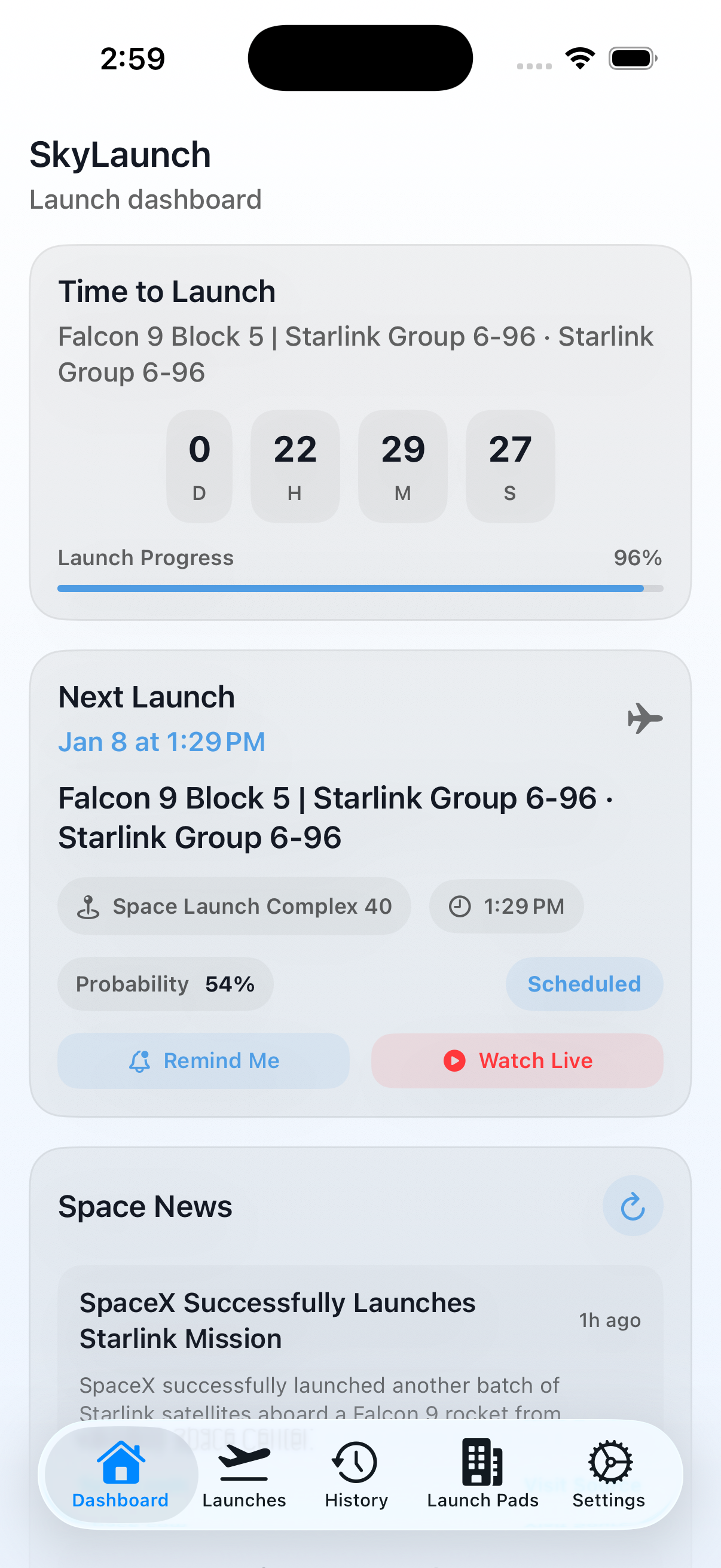 SpaceX launch dashboard interface showing countdown timer, launch details, and mission status for Starlink Group 6-96.