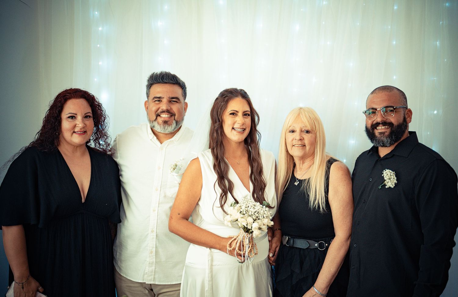 A series of formal event photos showing people in black and white attire posing together at a celebration.