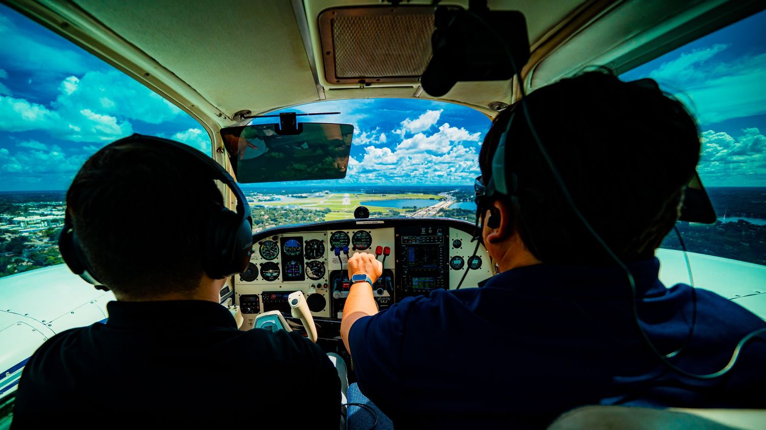 Series of cockpit views showing flight instruments and controls during daytime operation.