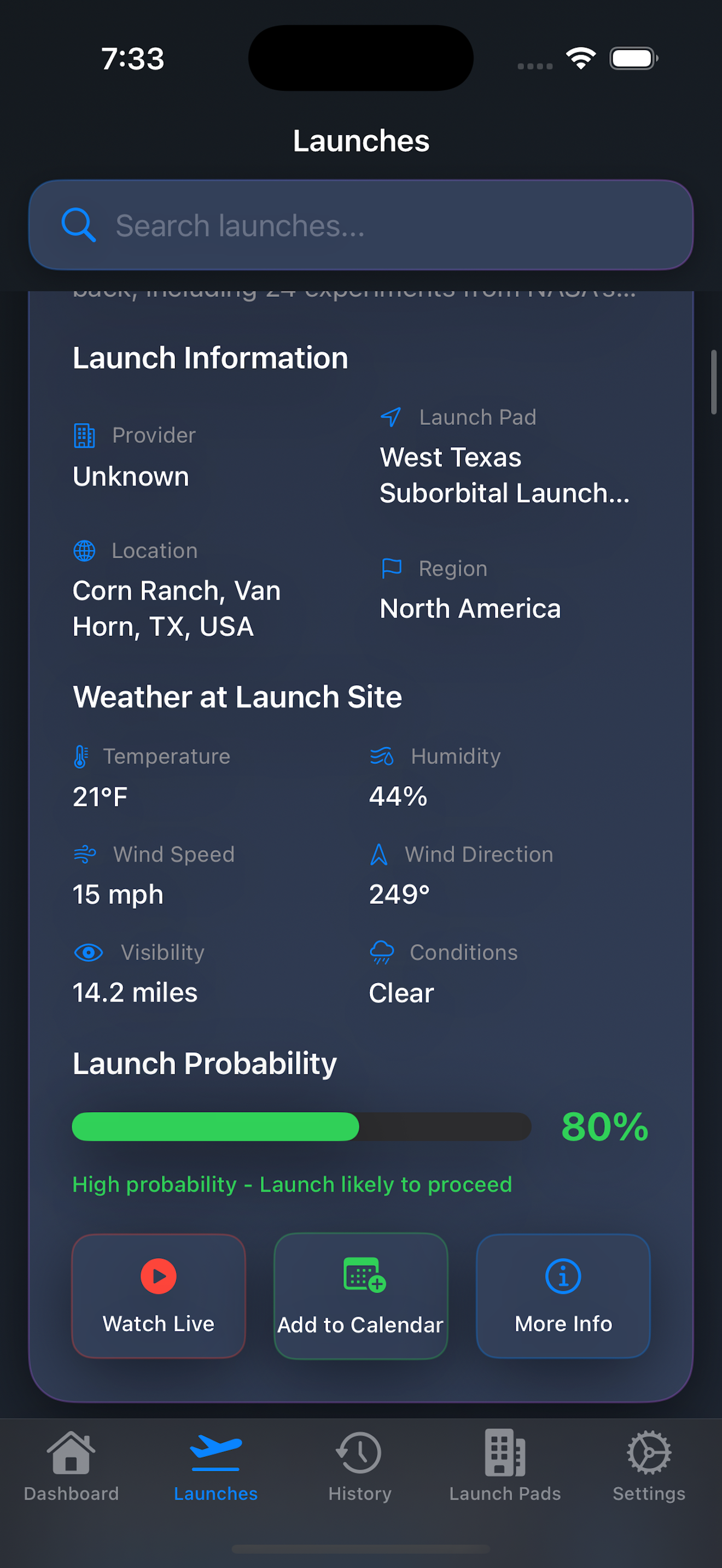 Mobile app interface showing launch details and weather conditions for West Texas rocket site.