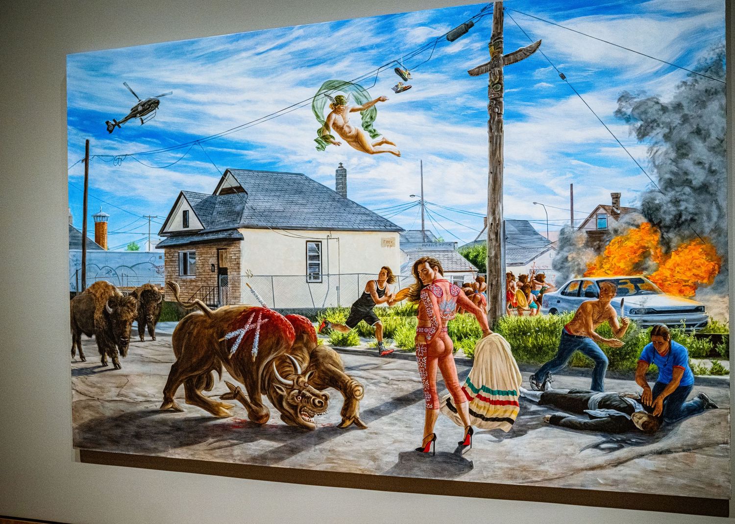 Chaotic western town scene with cattle stampede, flying acrobat, and building on fire in vibrant painted artwork.