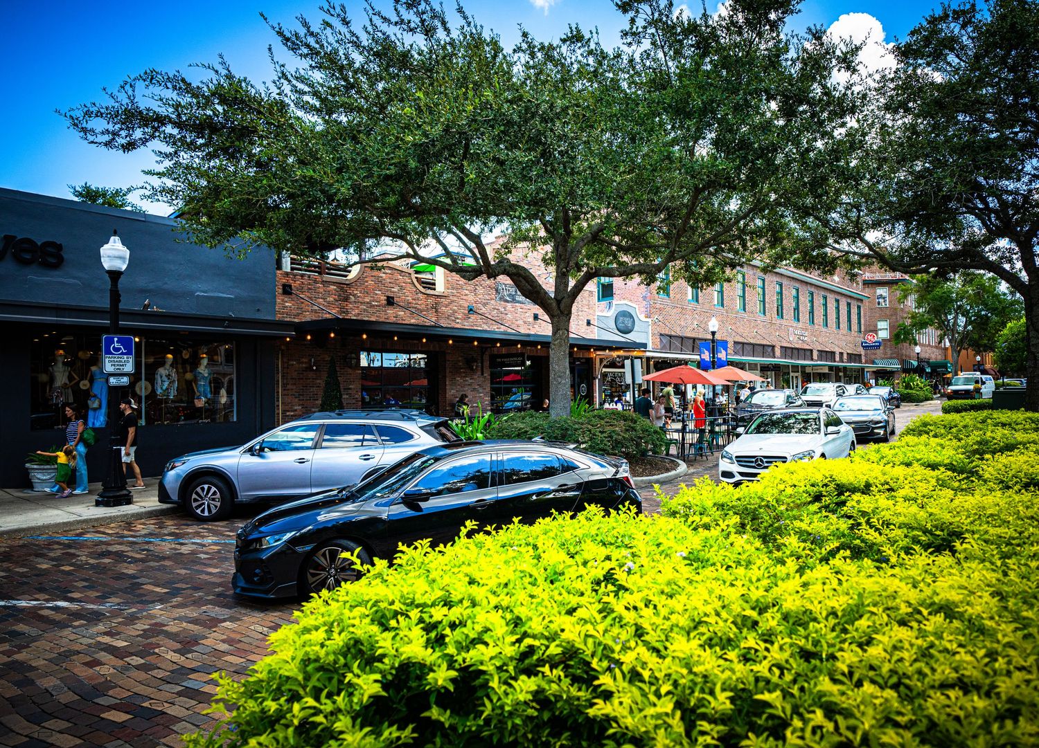 Landscaped commercial plaza with yellow-green shrubs and parked cars under bright summer sky.