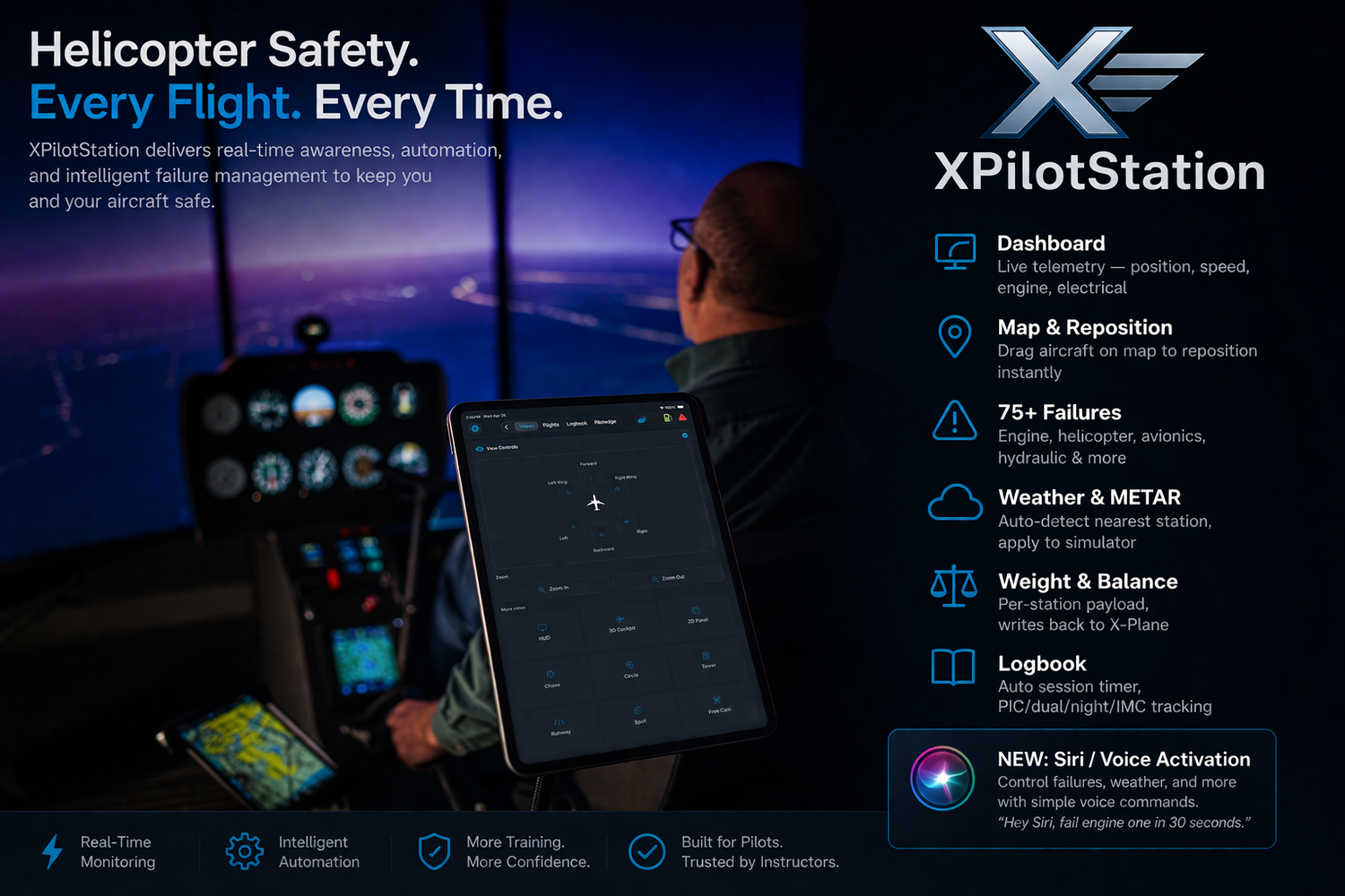 XPilotStation helicopter safety software interface displayed on tablet showing dashboard, map, weather, and flight monitoring features.