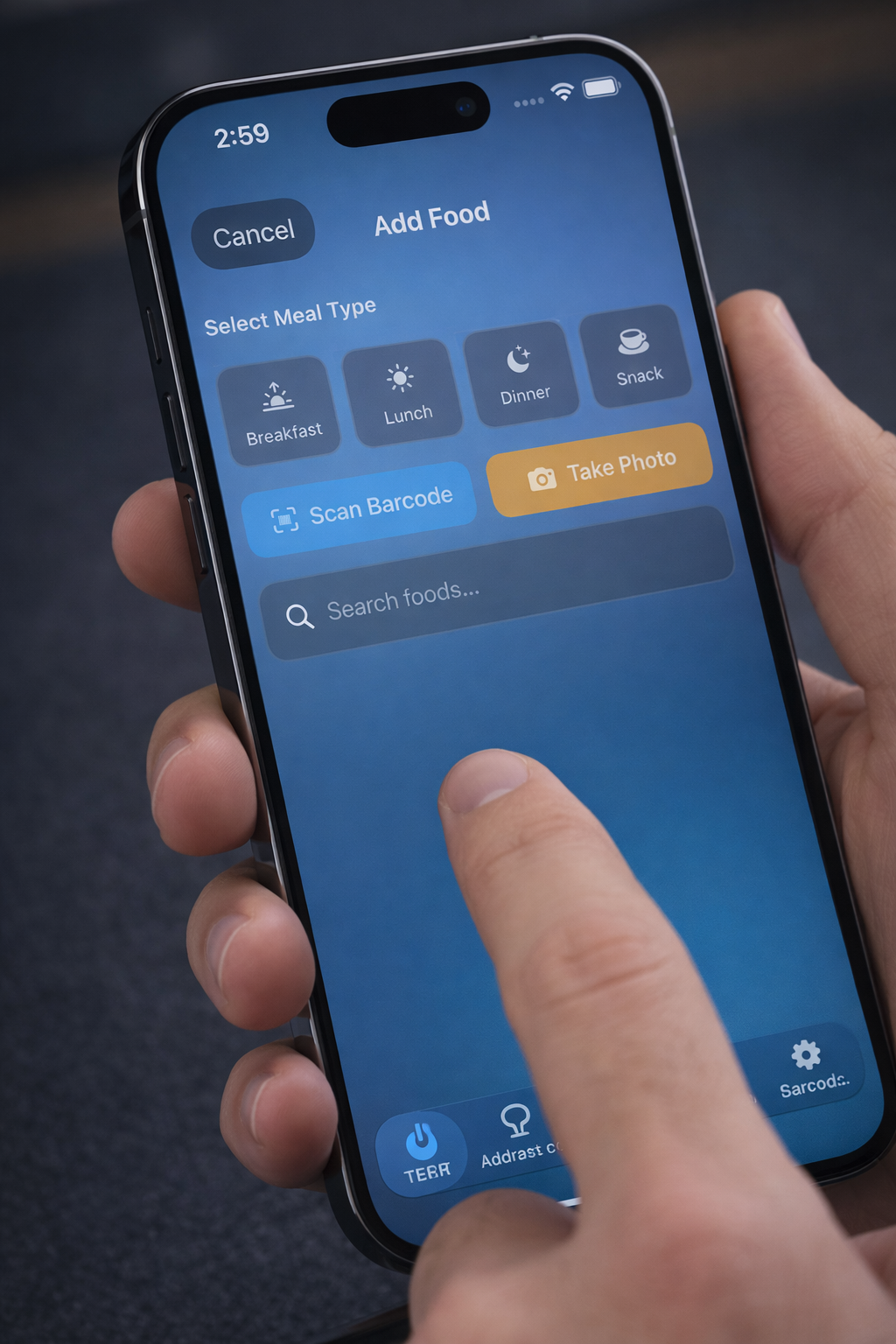Close-up shots of a smartphone displaying a blue interface with food tracking and meal planning features.
