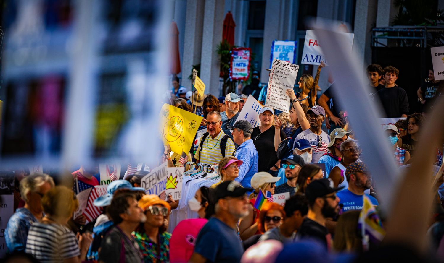 Large crowd of protesters holding signs and banners during an outdoor demonstration.