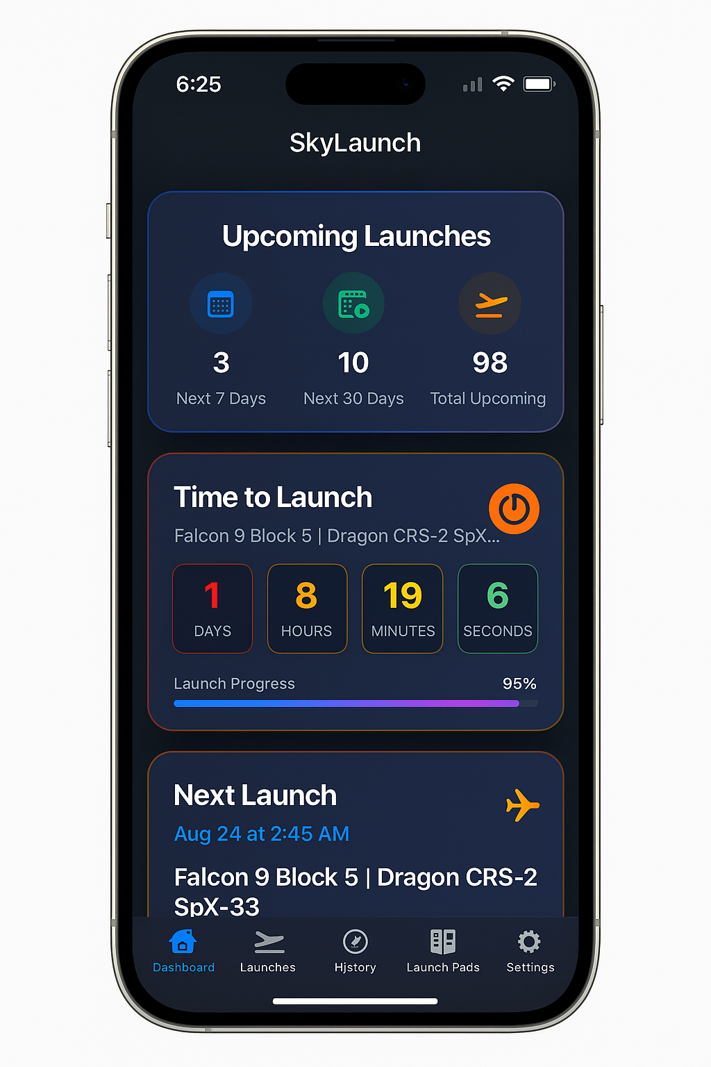 Space launch tracking app showing countdown timer and mission details for Falcon 9 rocket.
