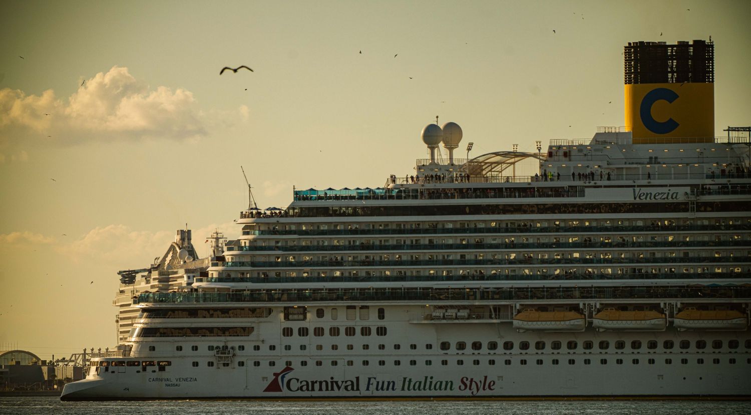 Panoramic view of multiple cruise ships docked at port during golden sunset hour.