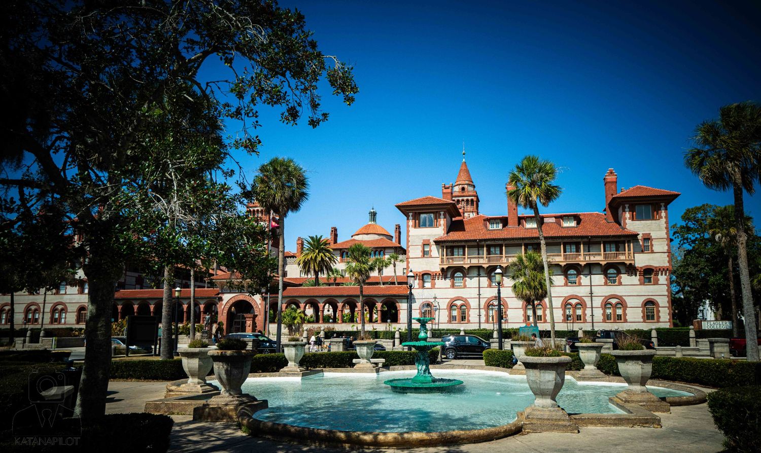 Spanish Renaissance style Ponce de Leon Hotel with ornate architecture and fountain in St. Augustine, Florida.