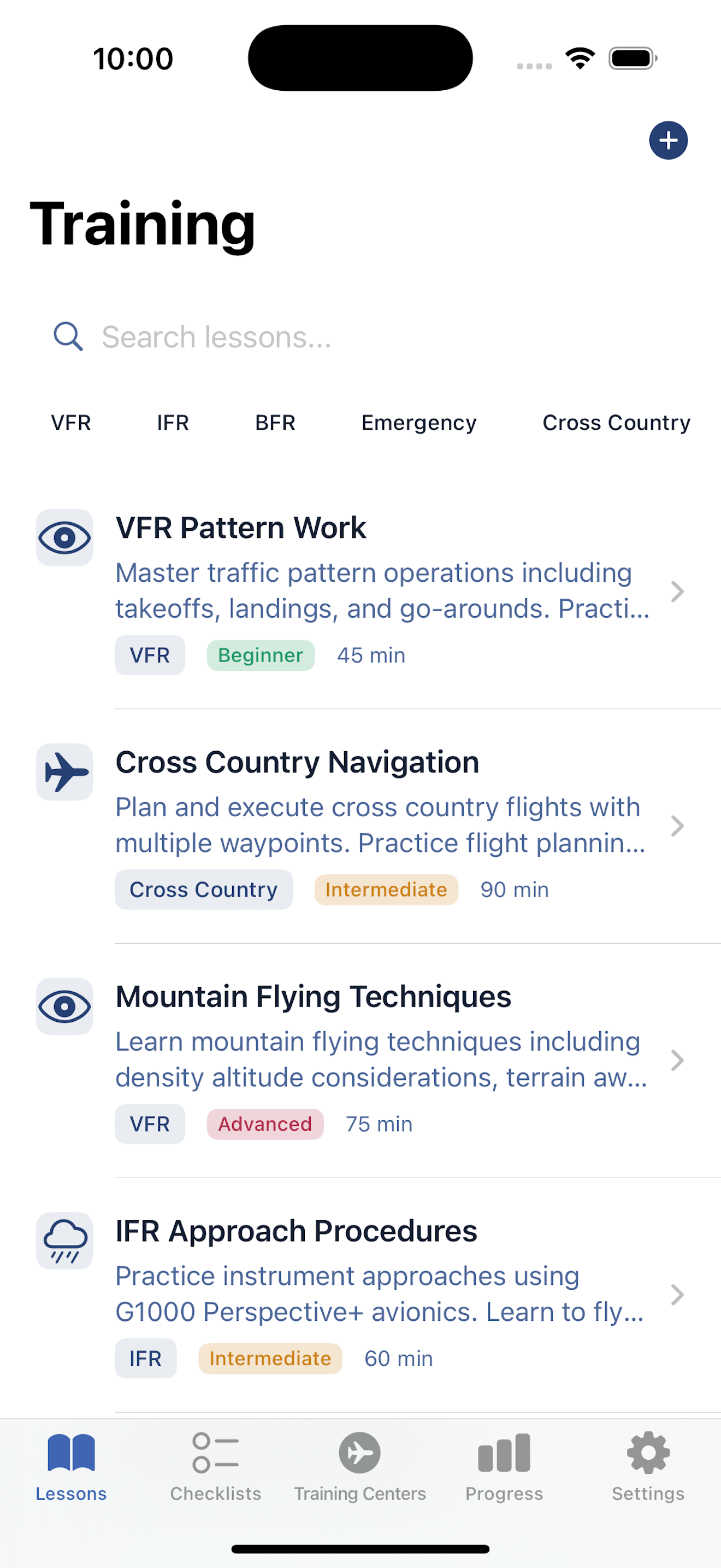 Training lesson menu displaying VFR pattern work and cross country navigation options.