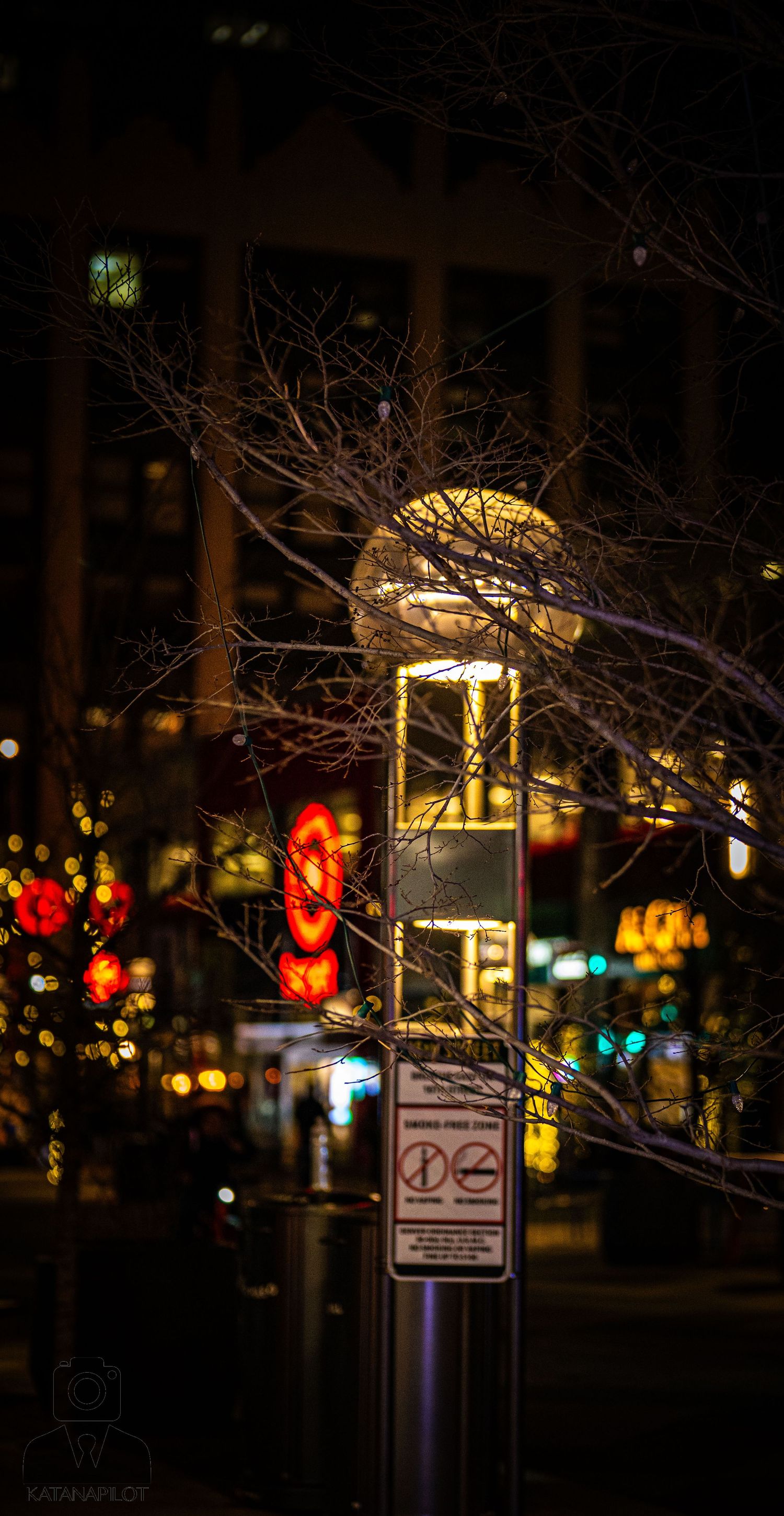 A street lamp glows warmly at night through bare tree branches with colorful city lights bokeh in the background.