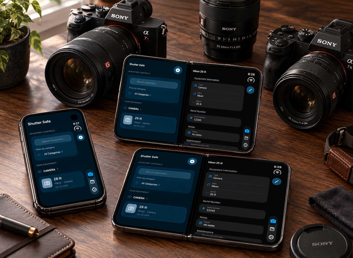 Sony cameras and lenses on a wooden desk beside a smartphone and two foldable devices displaying dark-mode camera settings apps.