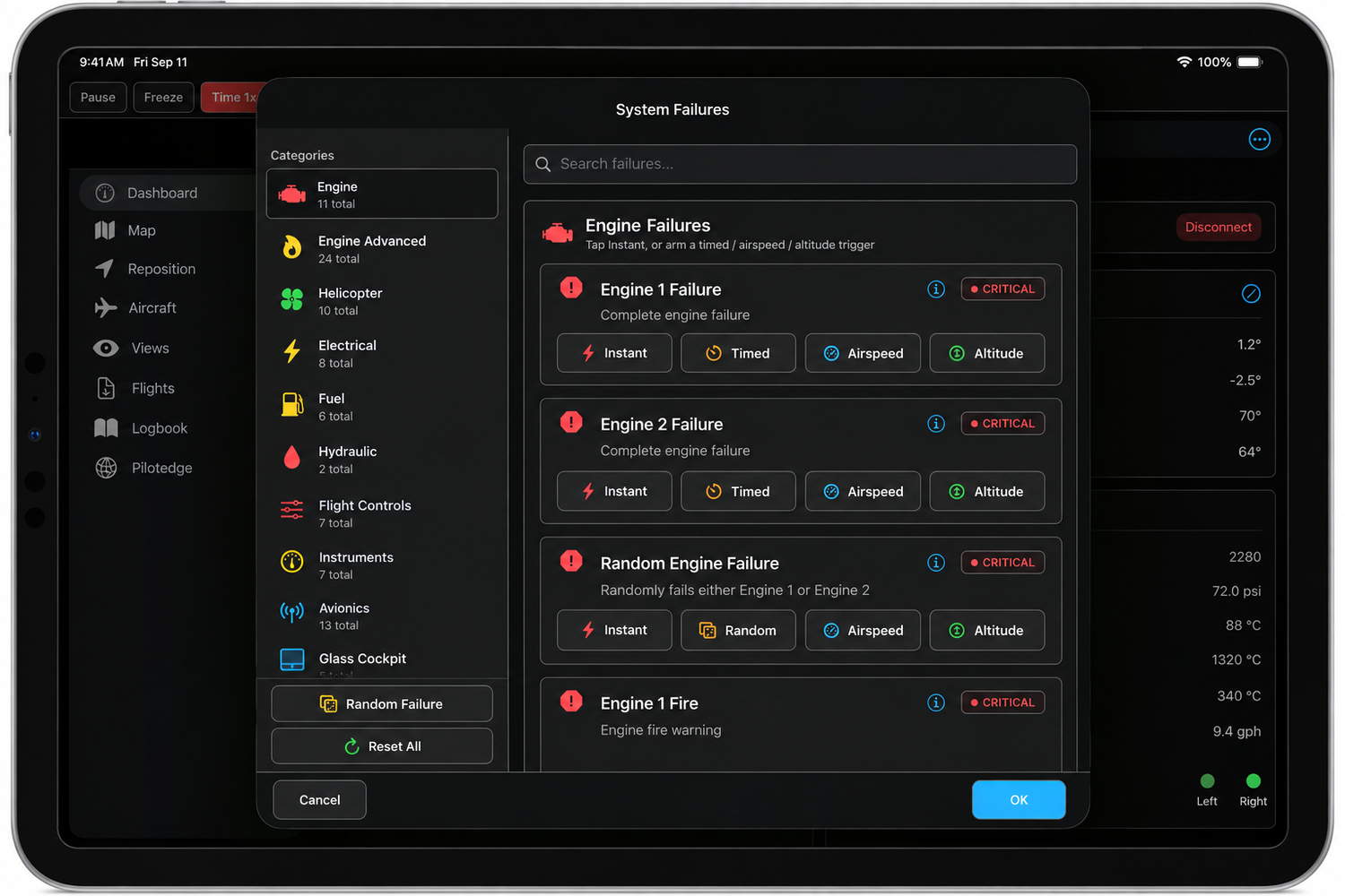 Dark-themed iPad app displaying System Failures menu with engine failure categories and alert options in a flight simulation interface.