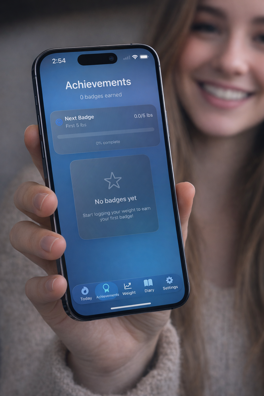 A person holds up an iPhone displaying a blue achievements or badges screen interface in multiple views.