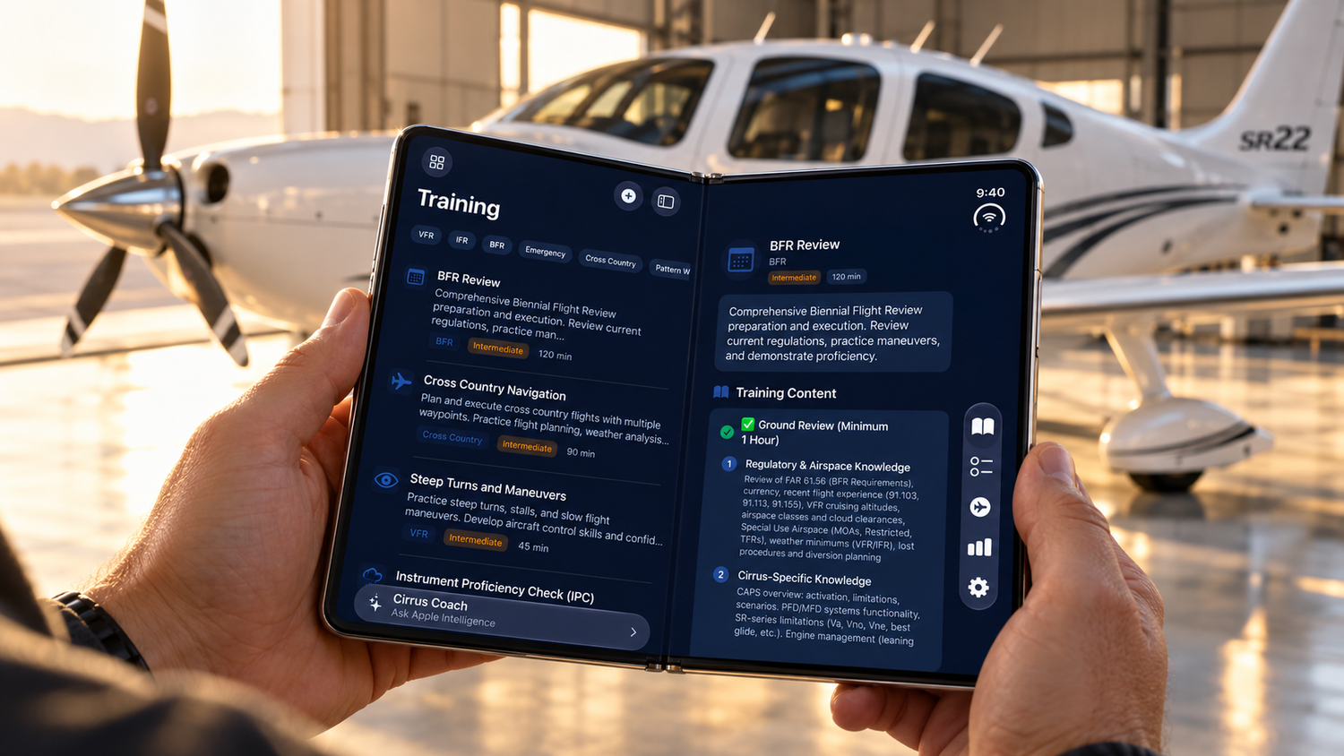 Pilot holding a foldable tablet showing a flight training app in front of a single-engine propeller airplane parked inside a hangar.