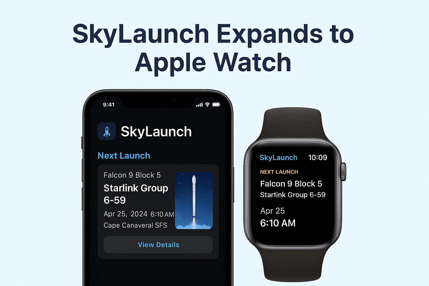 SkyLaunch app interface displayed on Apple Watch screens showing launch details and schedules.
