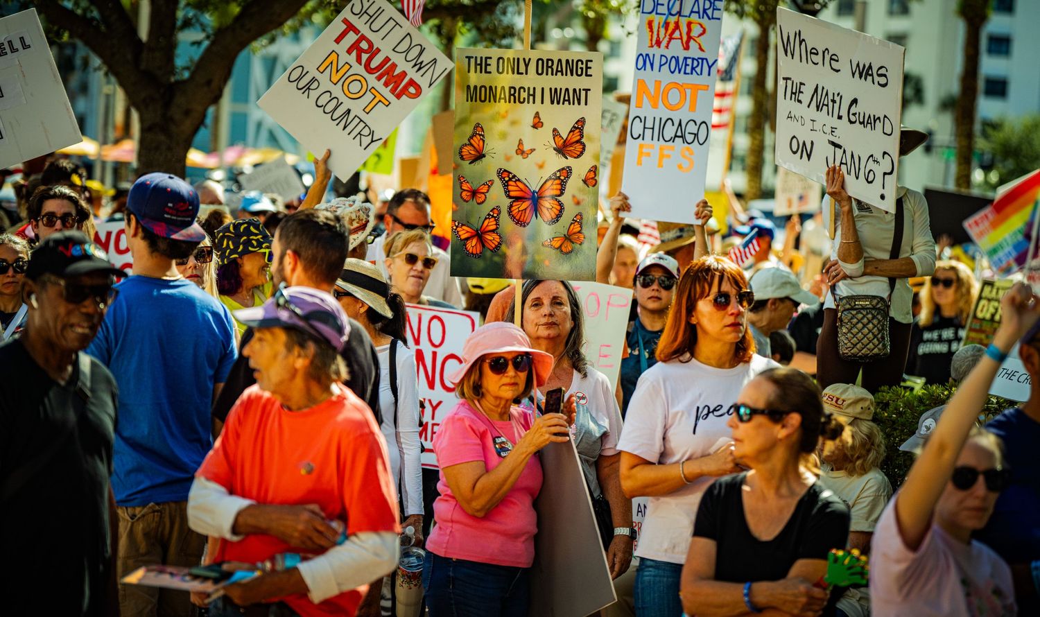 Protesters hold signs and rainbow flags during a daytime demonstration.