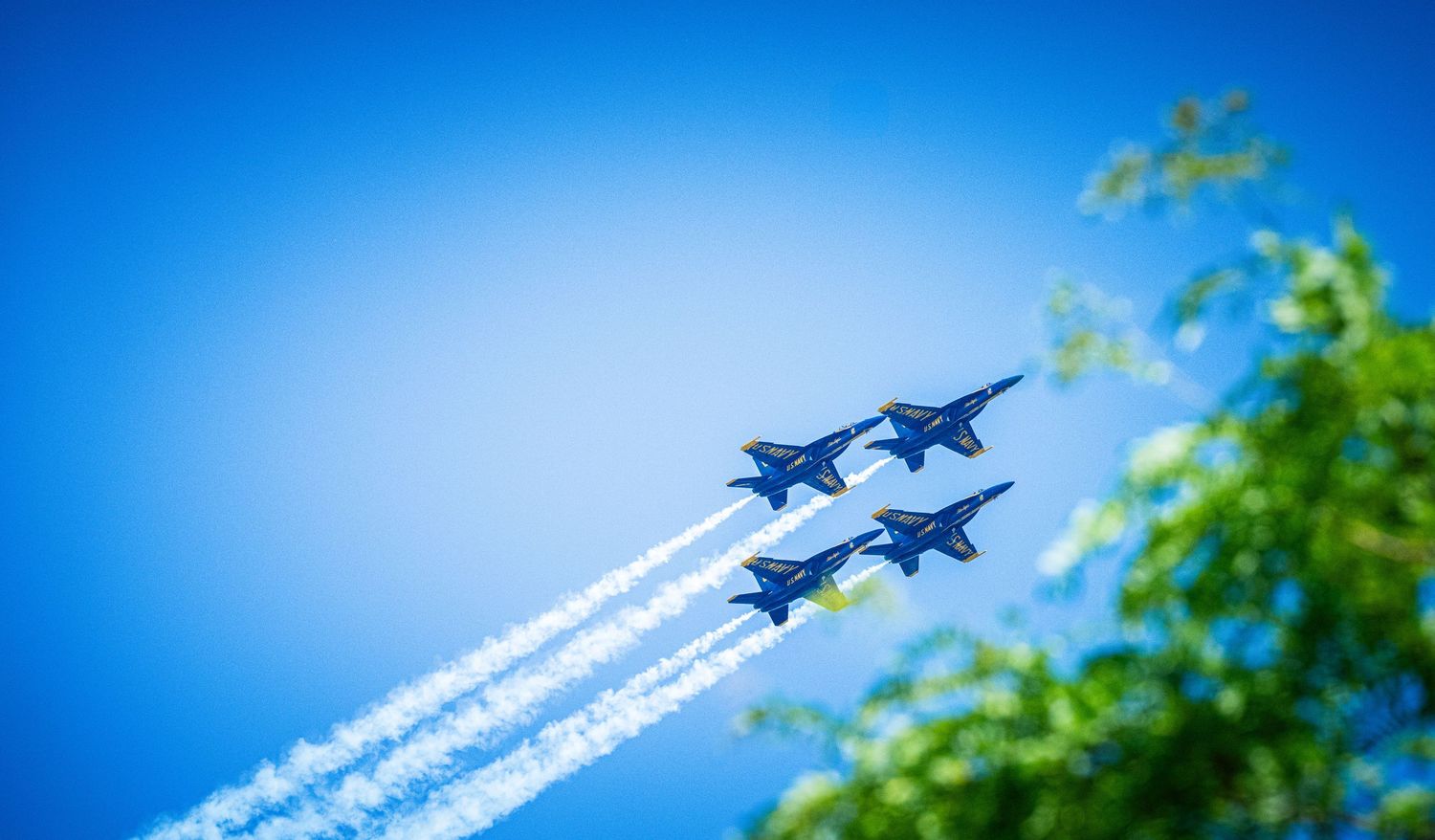 Fighter jets in formation leave white contrails against vibrant blue sky with green foliage.