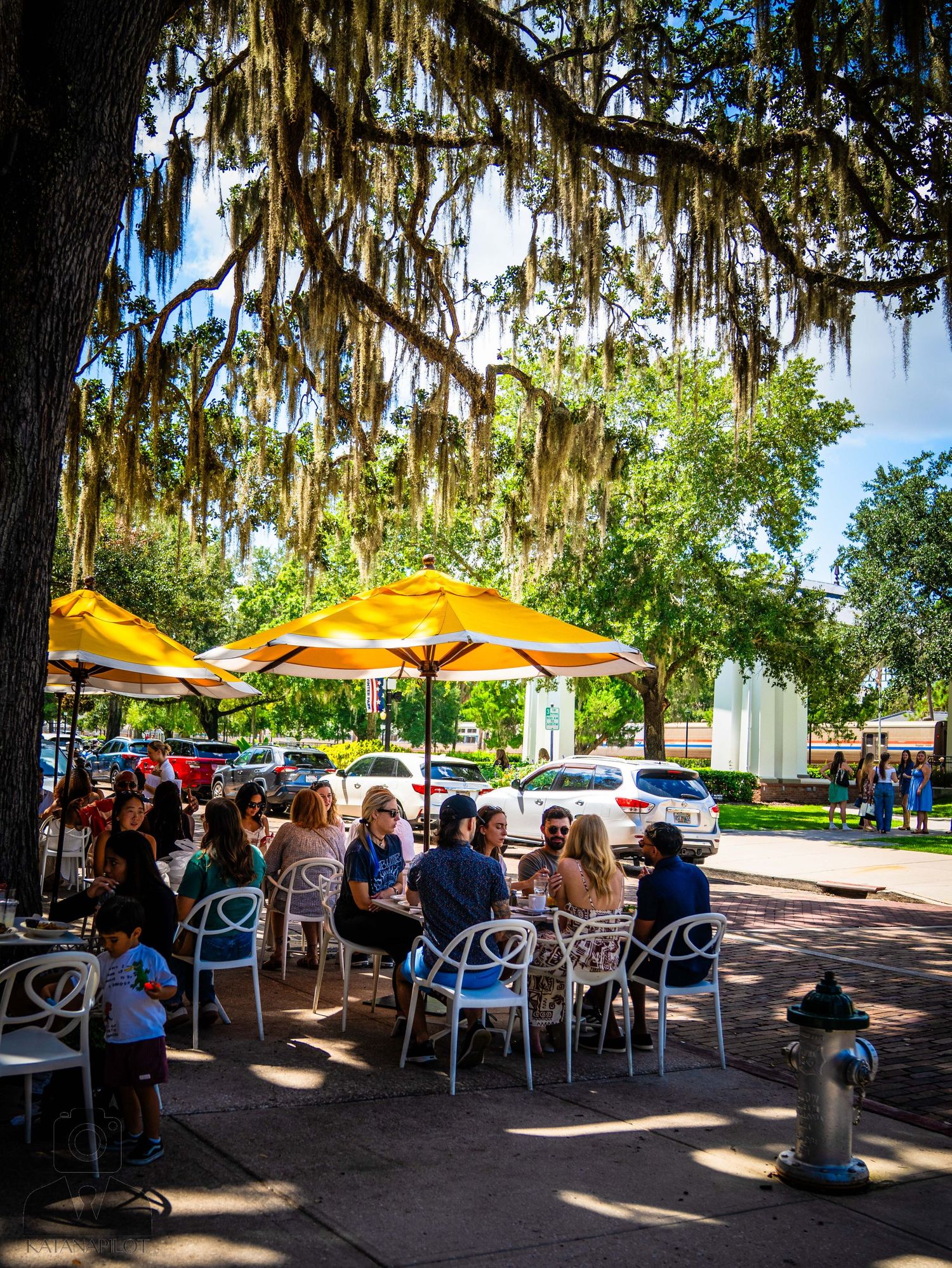 Outdoor patio seating area under Spanish moss trees with yellow umbrellas providing shade.