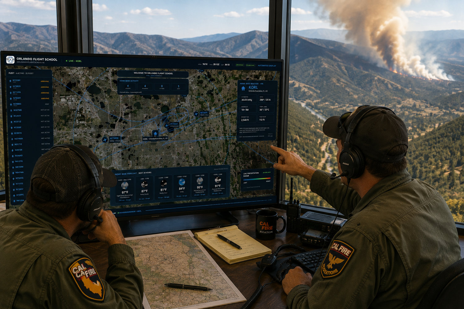 Two firefighters monitor a wildfire on a digital map display in a lookout tower with smoke visible in the mountains.