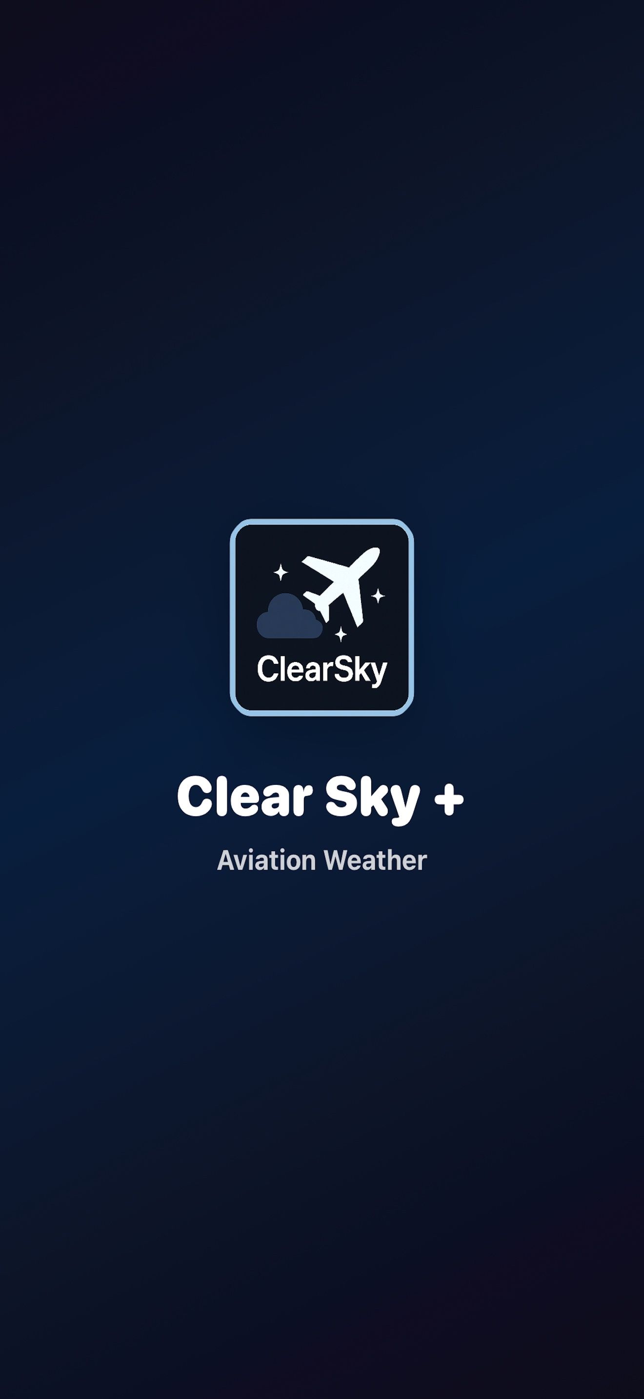 Clear Sky aviation weather app splash screen with airplane icon on dark blue background.