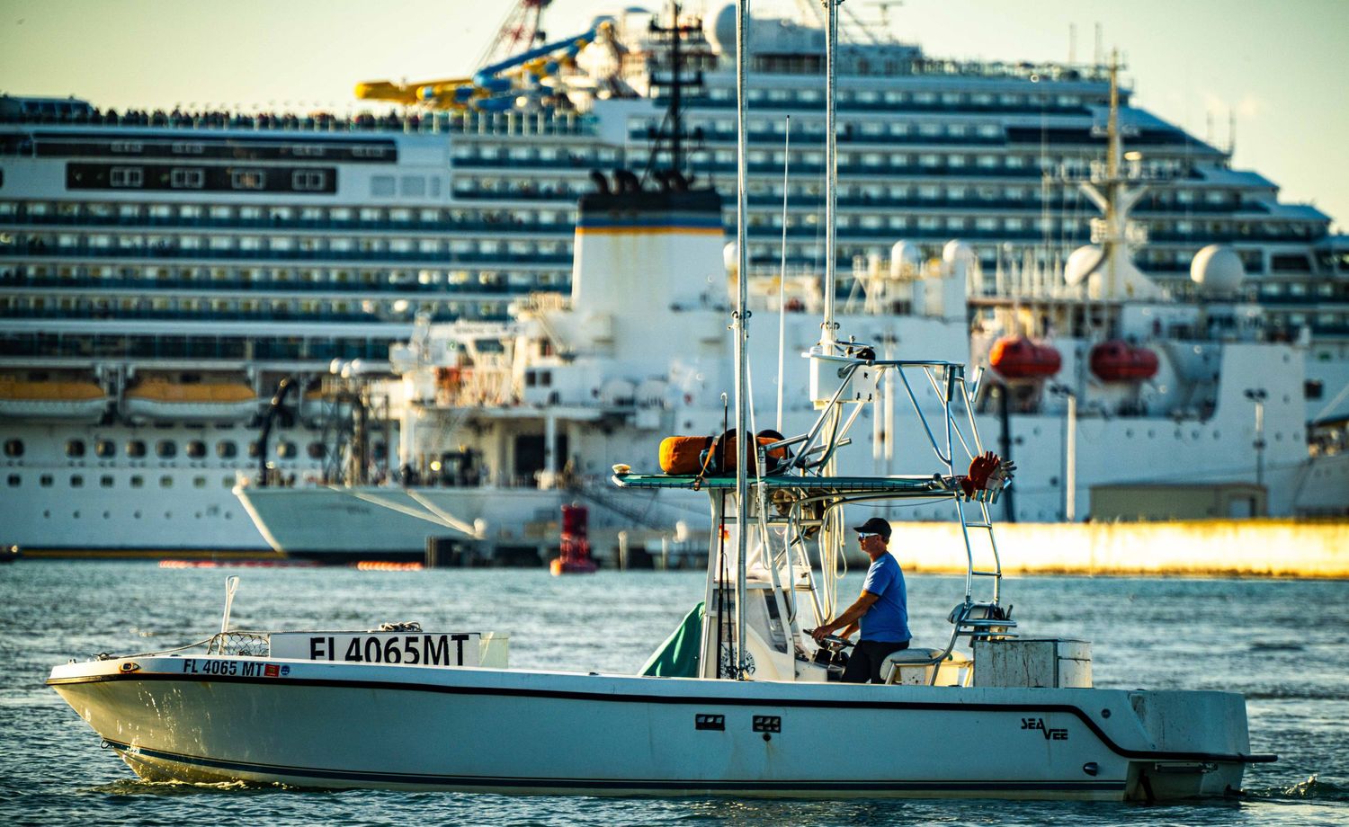 Commercial fishing boats anchored at port with large cruise ship in background during golden sunset.