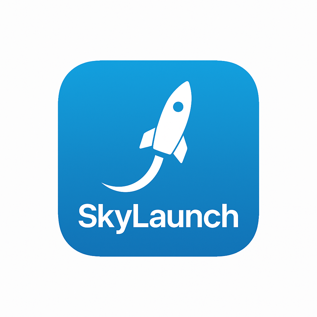 Blue rocket logo design for SkyLaunch app showing progression of simplified shapes.