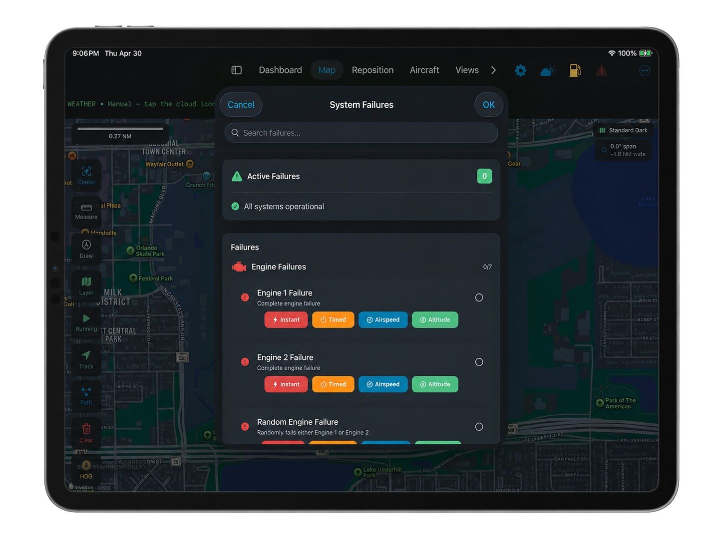 Aviation app displaying system failures dashboard on tablet, showing engine failure alerts and status indicators on dark UI.
