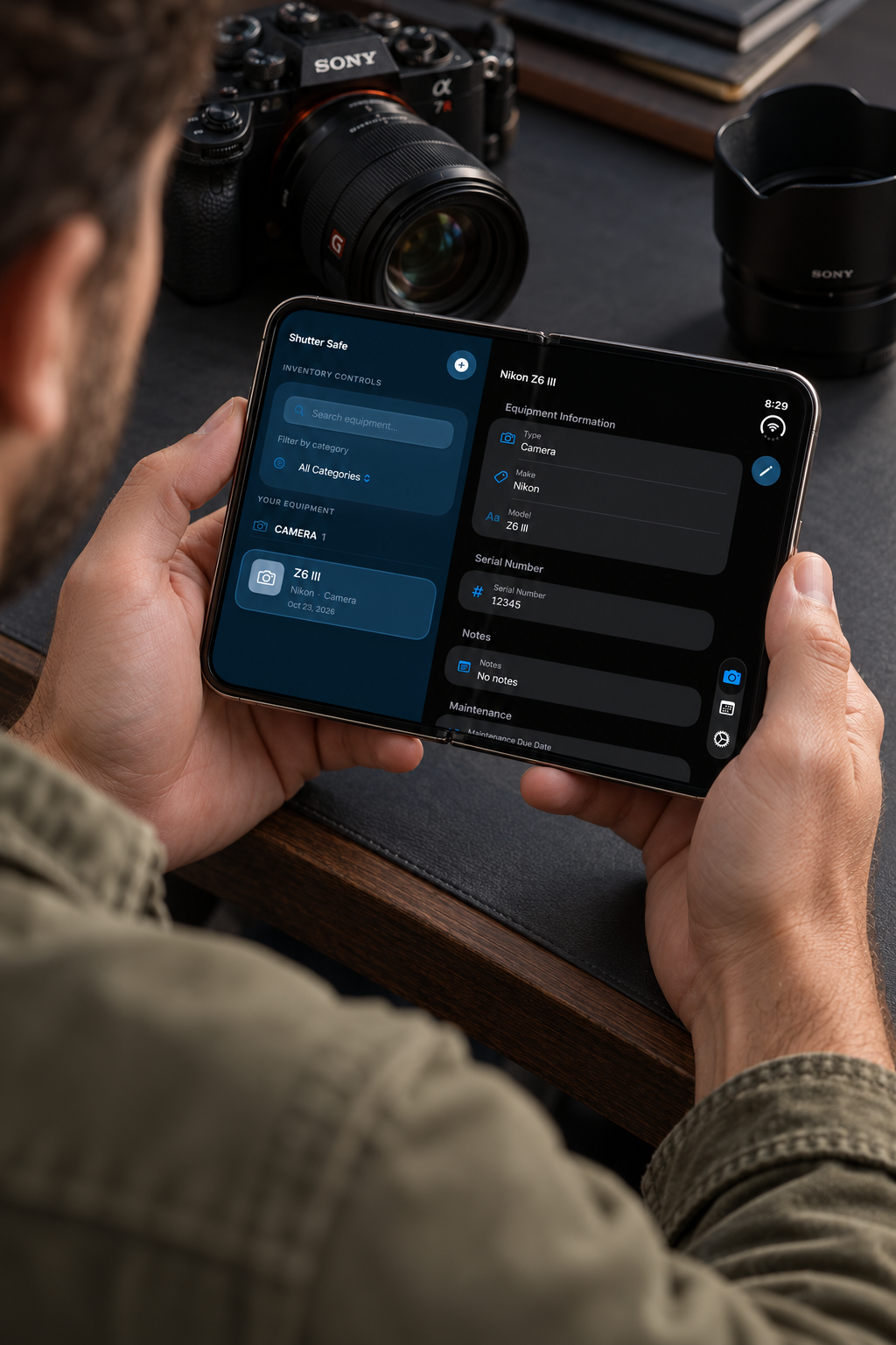 Man holding a foldable tablet showing a camera equipment management app beside a Sony mirrorless camera and lens.