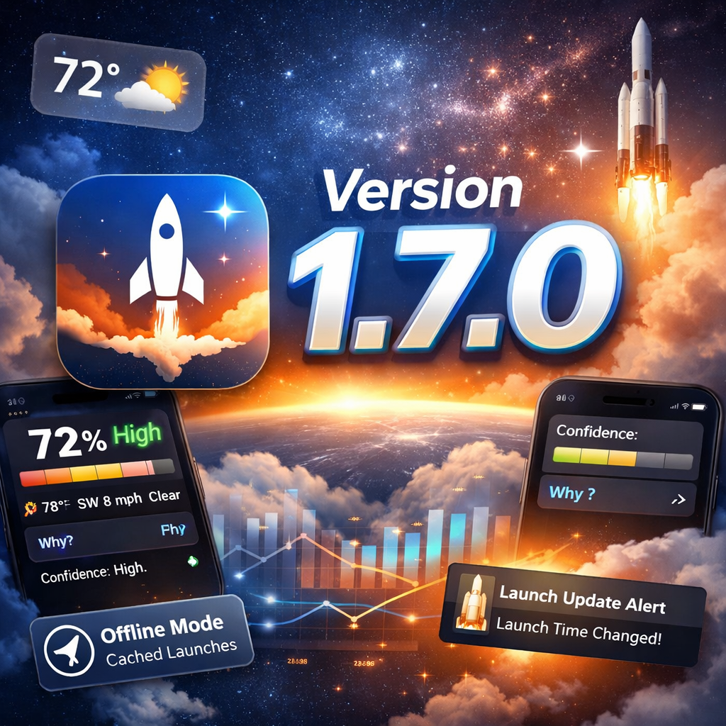 App version 1.7.0 update announcement with rocket launch theme and space background featuring graphs and weather widgets.