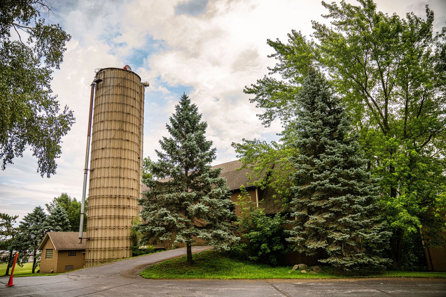 Agricultural landscape with tall grain silos and evergreen trees against cloudy sky.