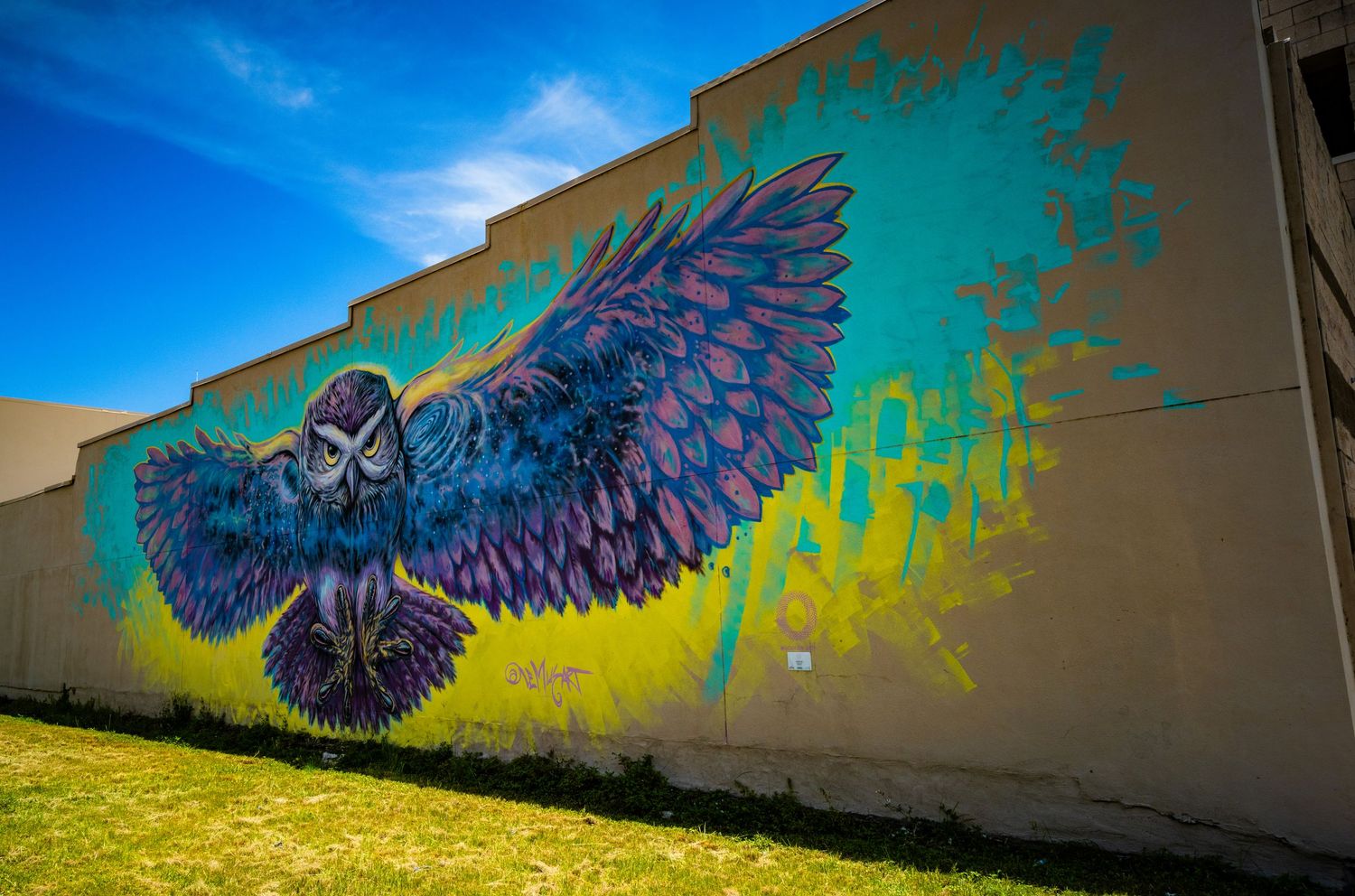Colorful wing mural artwork spanning exterior wall in blues and yellows.