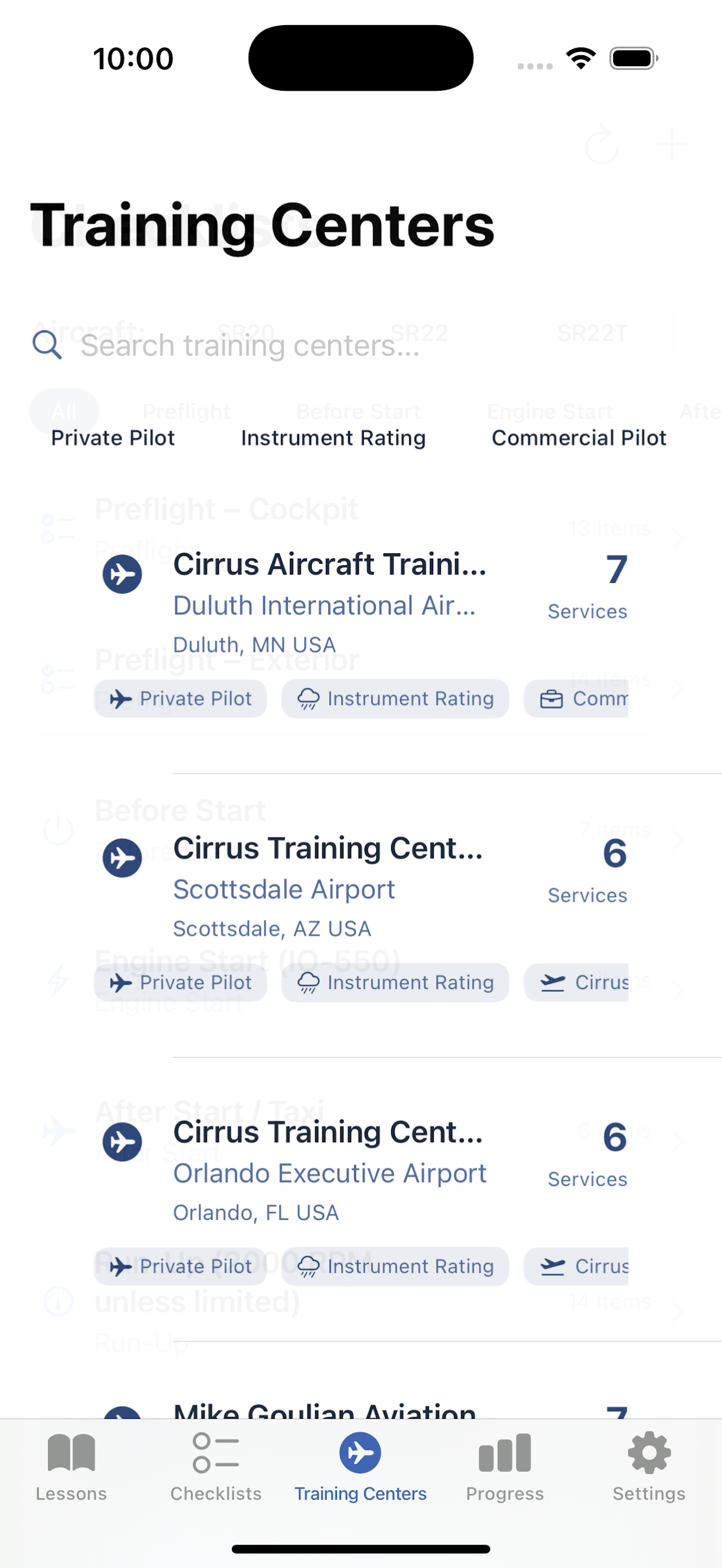 Mobile app screen showing list of Cirrus aircraft training centers with ratings and locations.