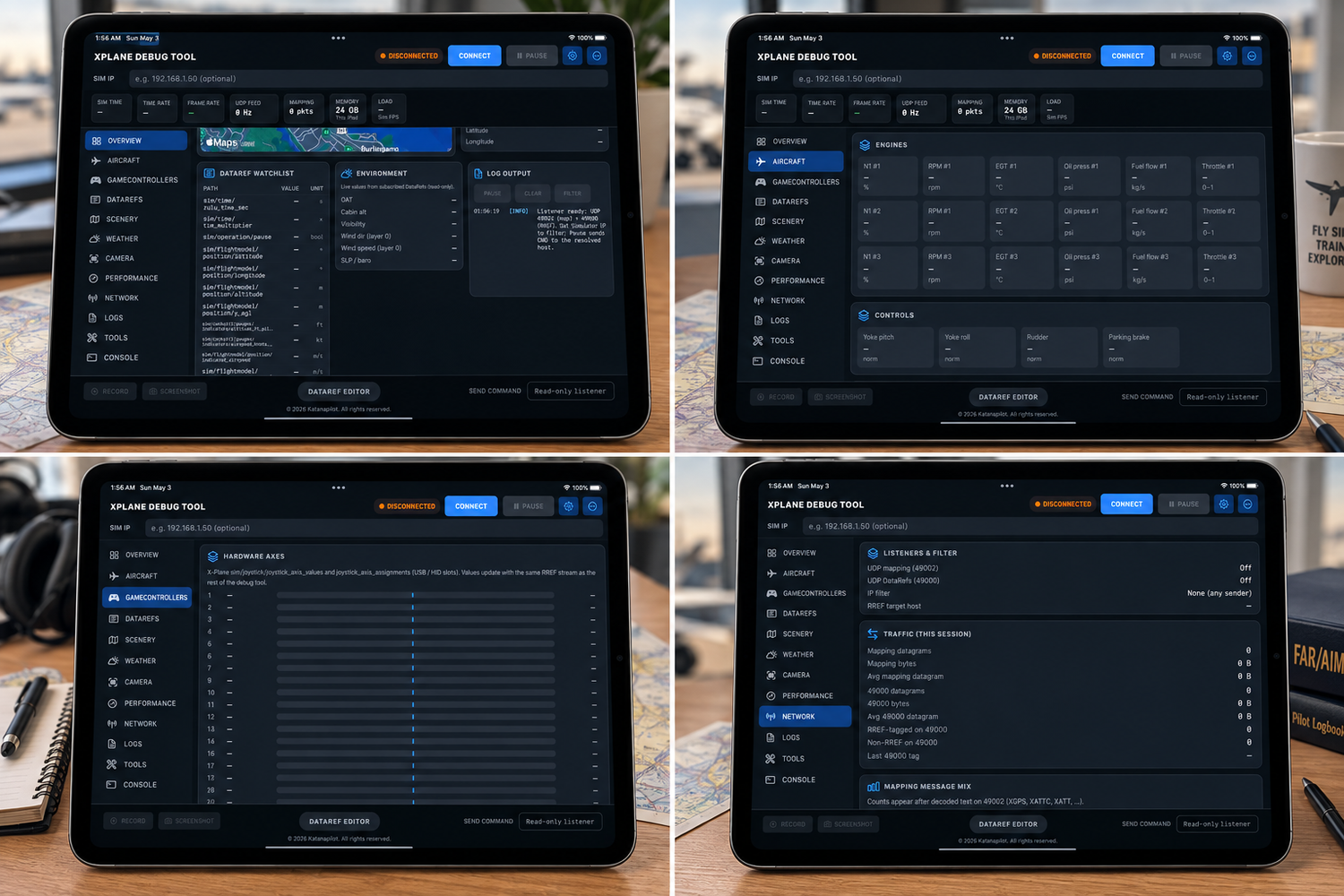 Four tablet screens displaying a dark-themed professional audio mixing software interface with multiple tracks and controls.